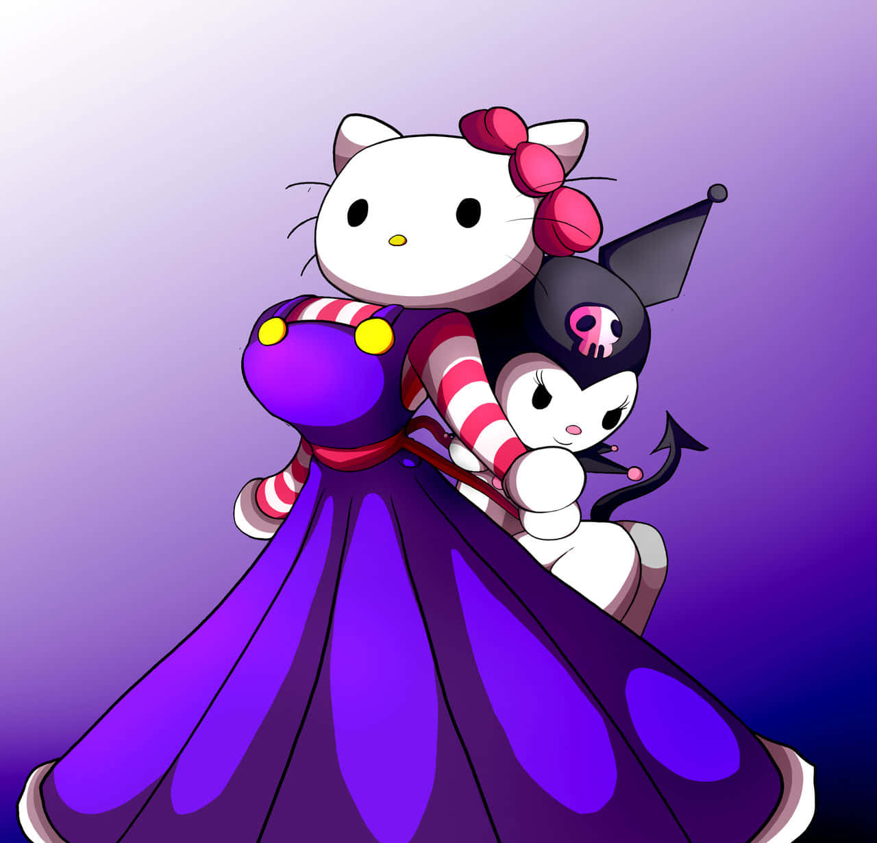 Kuromi Fanart 桌布 壁紙 — Hello Kitty 和 Kuromi 穿著帶條紋袖子的紫色連衣裙，背景為漸變紫色。