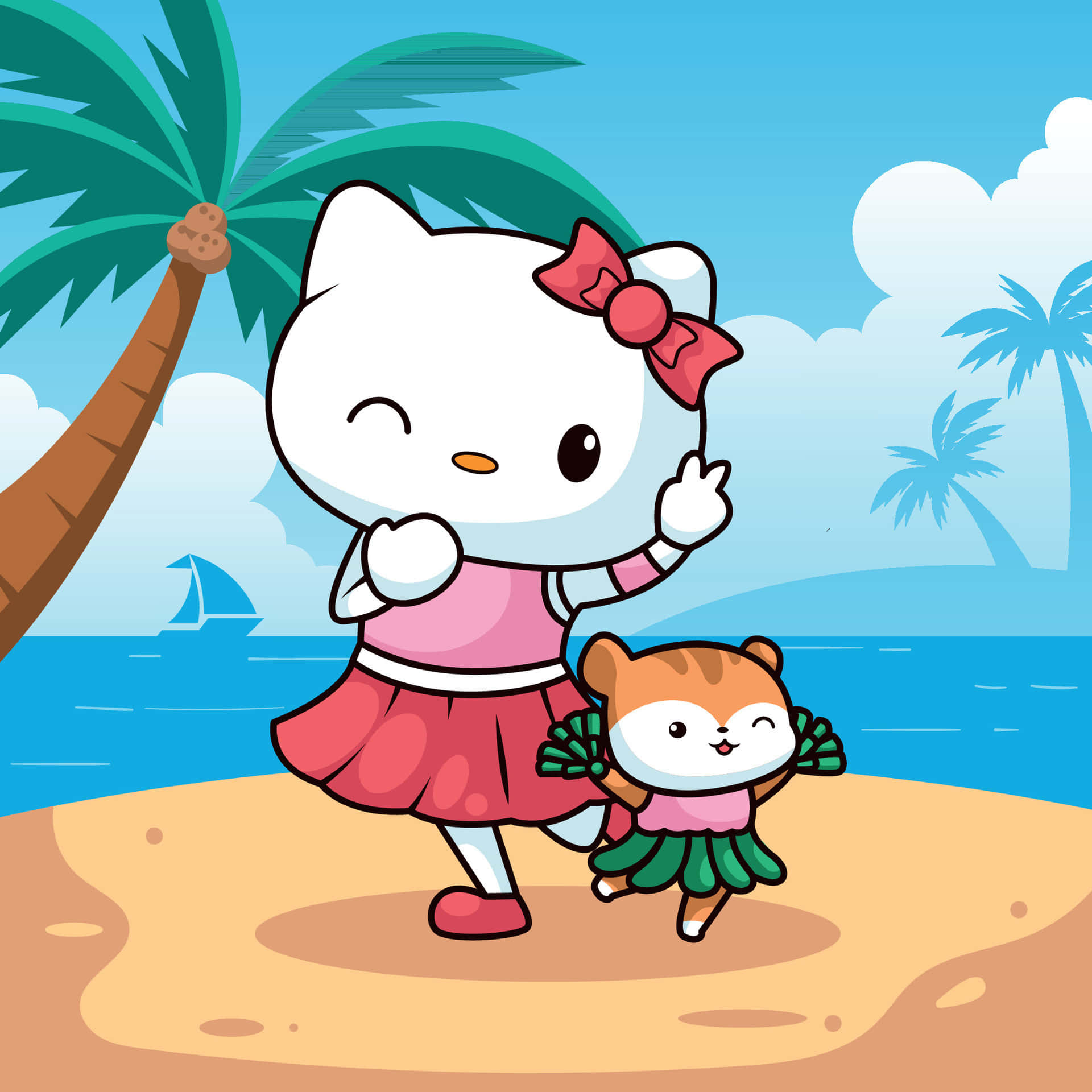  壁紙 — Hello Kitty 和一隻小狐狸穿著相配的粉紅色和綠色服裝，在陽光明媚的海灘上快樂地跳舞，背景有棕櫚樹和海洋。