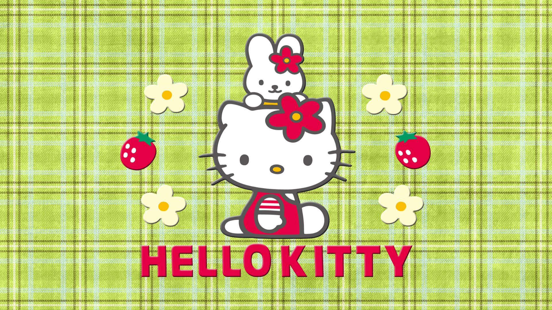 Kitty White 桌布 壁紙 — Hello Kitty 和一隻戴著紅色花朵的兔子坐在有草莓和雛菊的綠色格子背景上。
