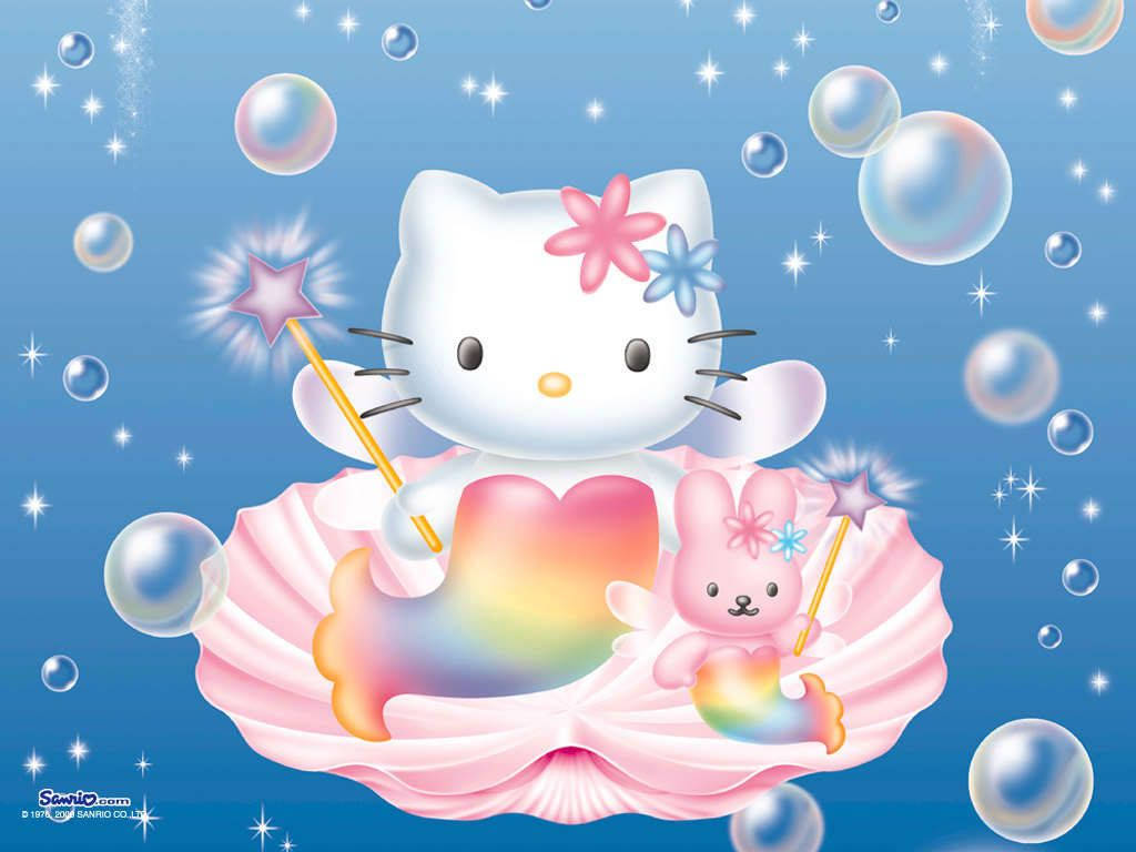 Hello Kitty 和一隻兔子像美人魚一樣在一個帶有氣泡和星星的粉紅色貝殼中。 — Hello kitty 美學 GIF 壁紙
