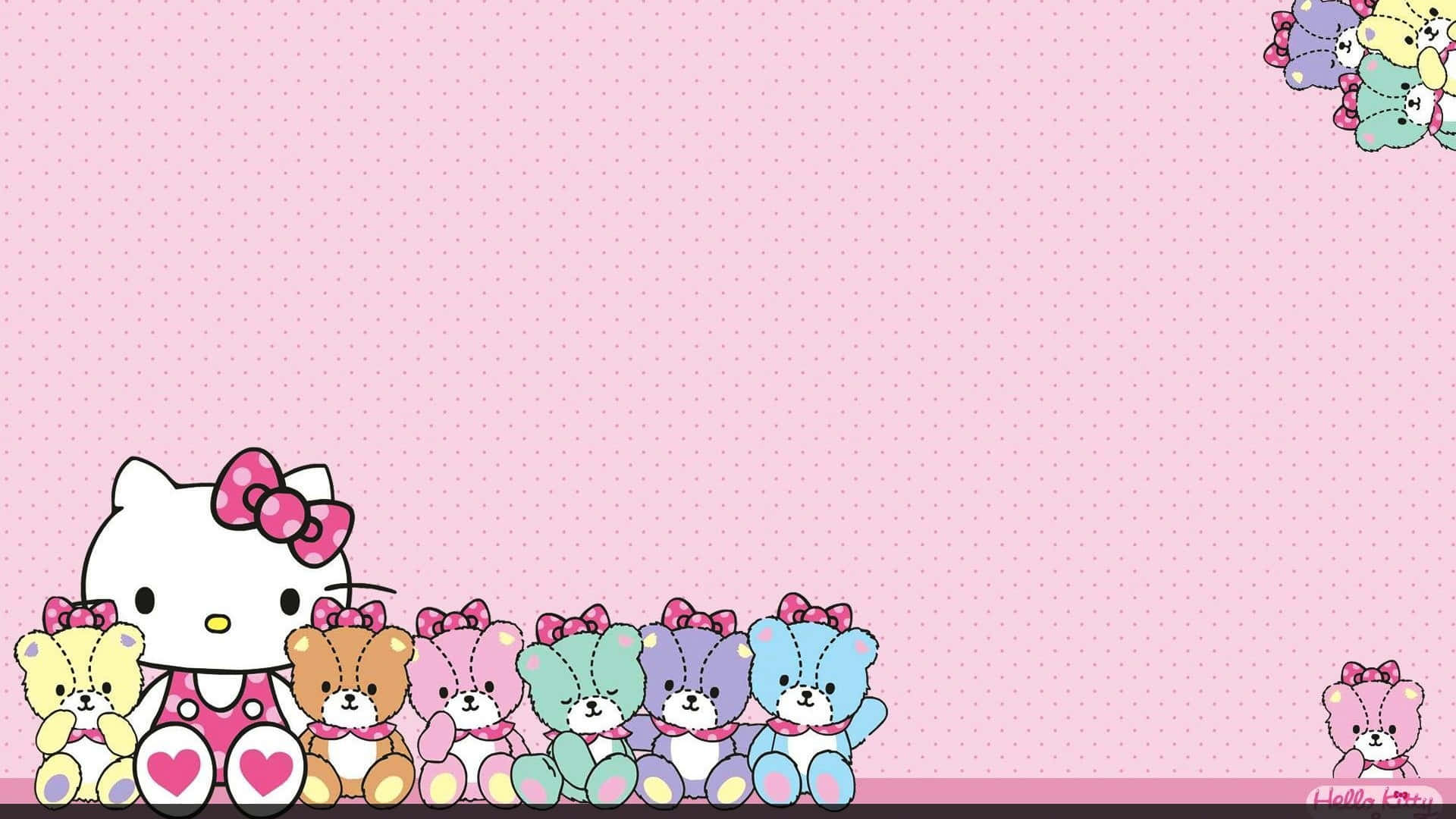 Kitty White 桌布 壁紙 — Hello Kitty 和她色彩繽紛的熊朋友們坐在粉紅色圓點背景上排成一排。