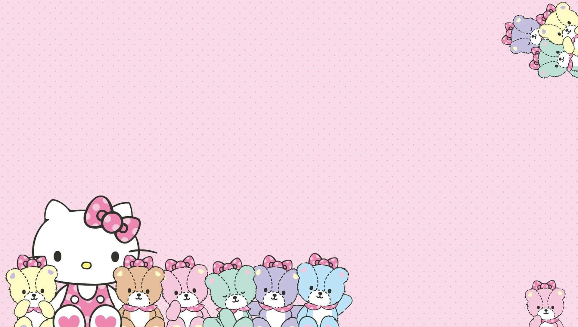 Hello Kitty And Friends 桌布 壁紙 — Hello Kitty 和她色彩繽紛的熊朋友們坐在柔軟的粉紅色圓點背景上排成一排。