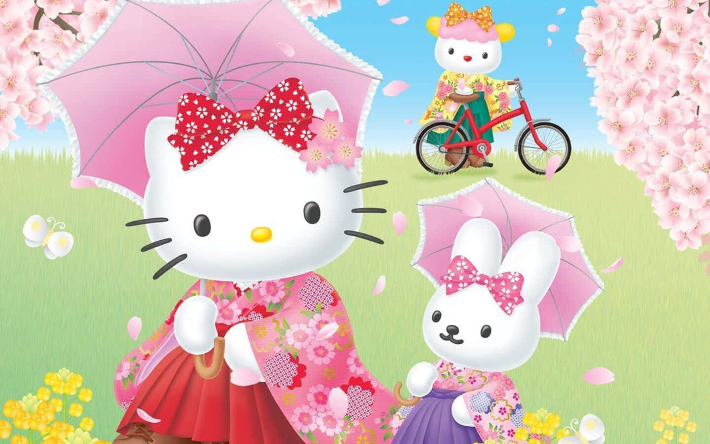 Hello Kitty And Friends 桌布 壁紙 — Hello Kitty 和朋友們穿著花卉和服，在櫻花下撐著粉紅色雨傘，旁邊有一輛單車，置身於春天的草地上。