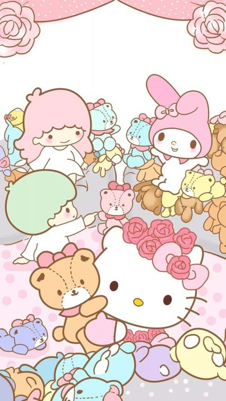 Hello Kitty And Friends 桌布 壁紙 — Hello Kitty 和朋友們在一個柔和的粉紅色玫瑰場景中，與毛絨玩具和粉彩角色一起。