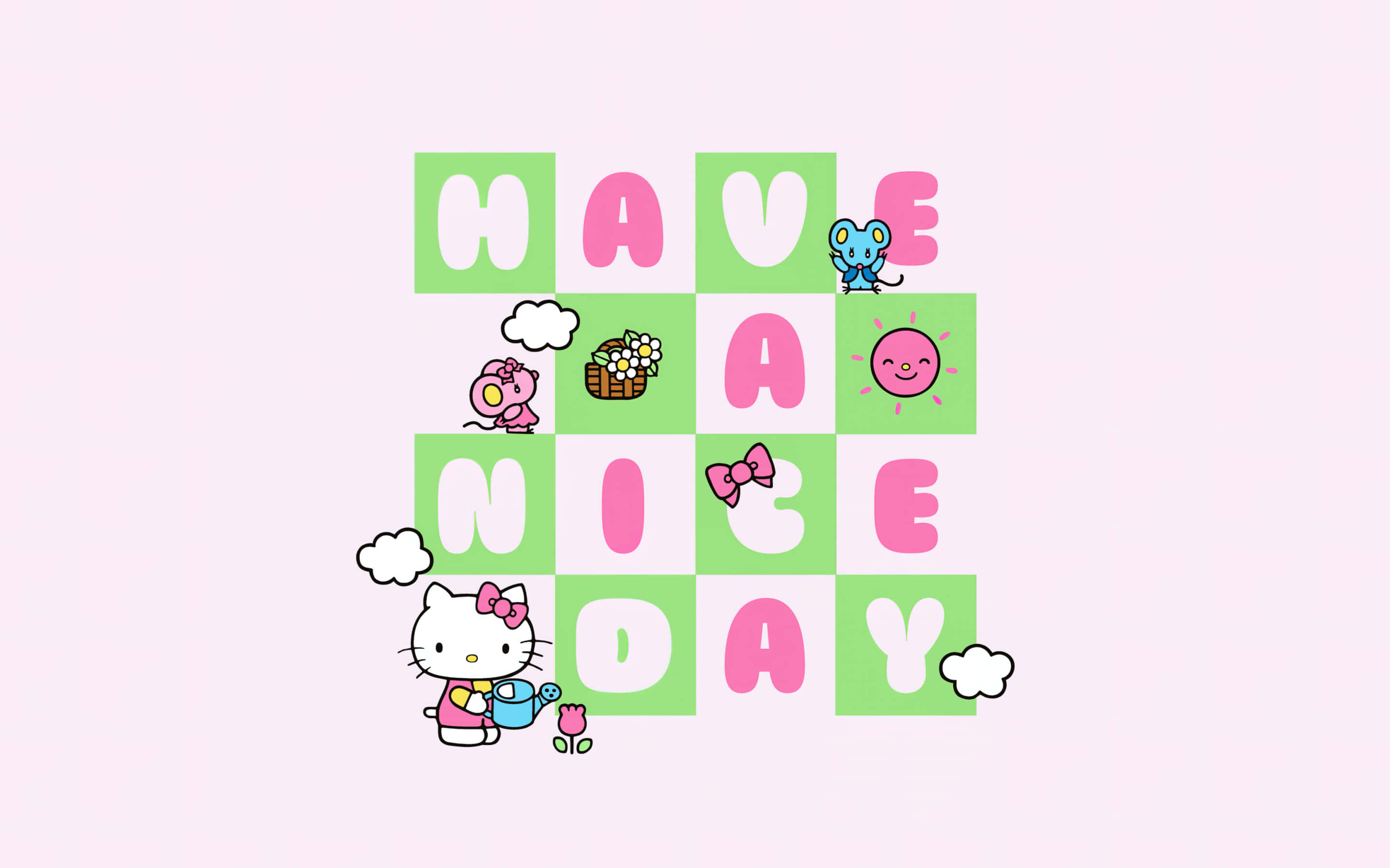 Have A Great Day 桌布 壁紙 — Hello Kitty 和朋友們愉快地用花朵和雲朵佈置出粉彩格仔 'HAVE A NICE DAY' 訊息。
