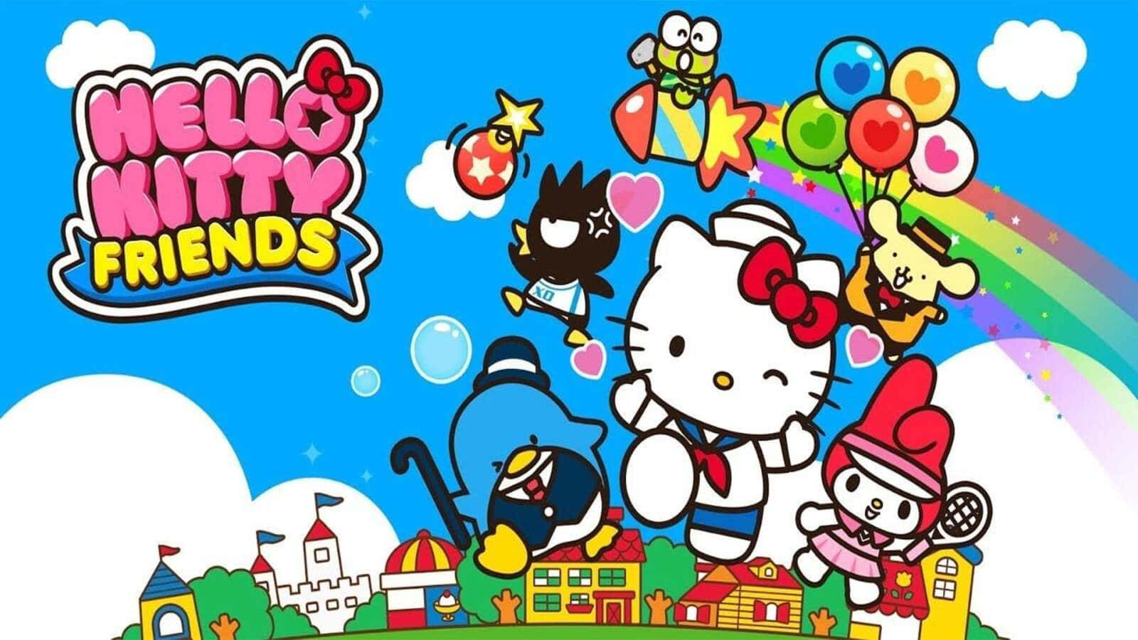 Hello Kitty And Friends 桌布 壁紙 — Hello Kitty 和朋友們在彩虹和氣球的明亮藍天下，快樂地漂浮在色彩繽紛的小鎮上空。