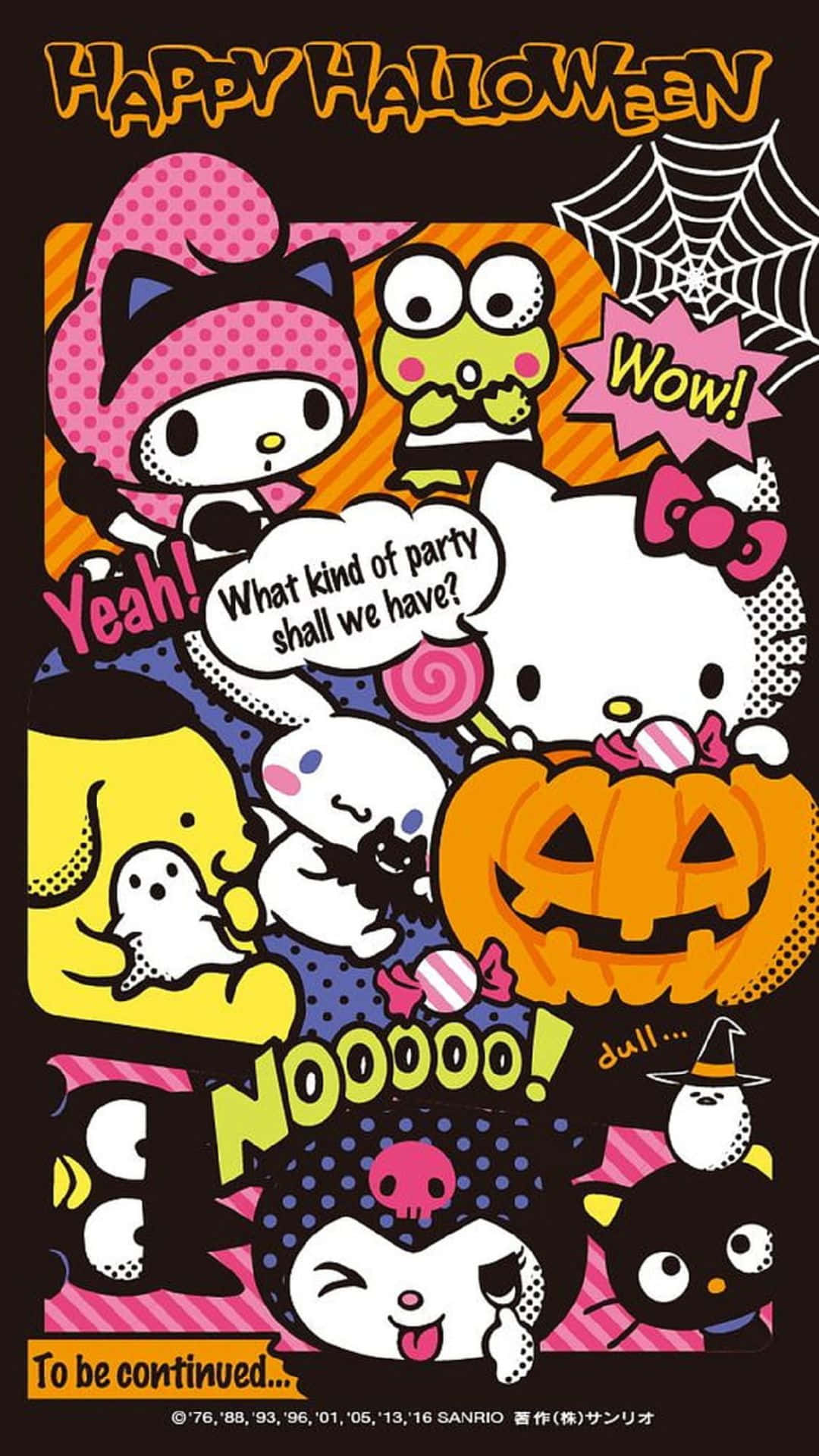 Kuromi Halloween 桌布 壁紙 — Hello Kitty 和朋友們穿著色彩繽紛的萬聖節服裝，背景有南瓜、鬼魂和蜘蛛網。