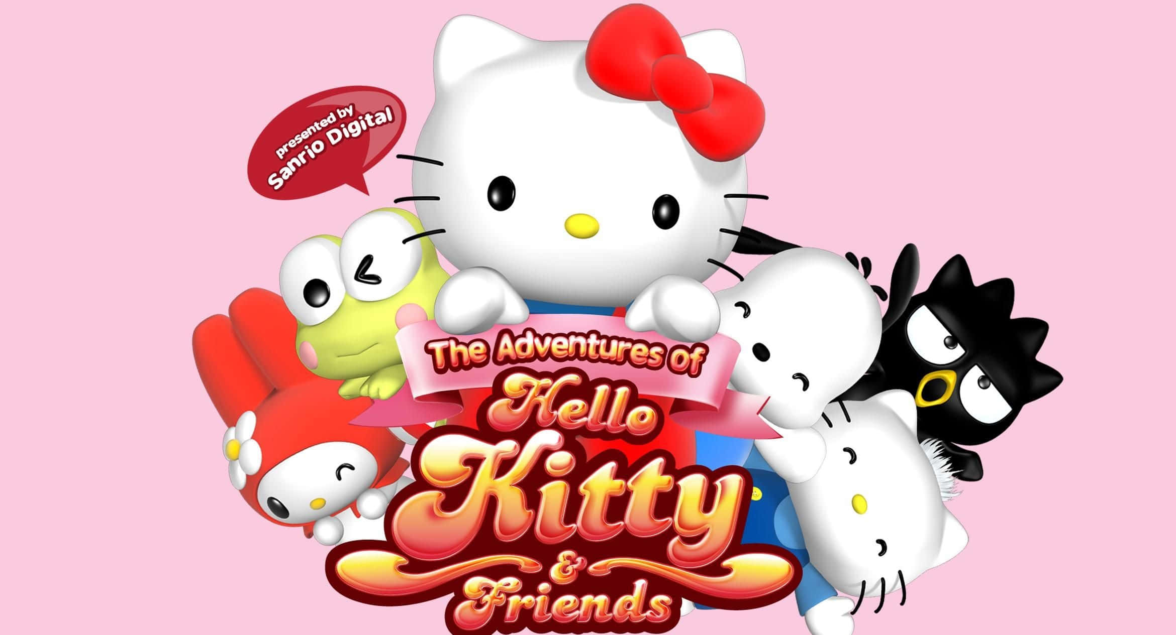 Hello Kitty And Friends 桌布 壁紙 — Hello Kitty 和朋友們在柔和的粉紅色背景上圍繞著標題橫幅歡快地聚集。
