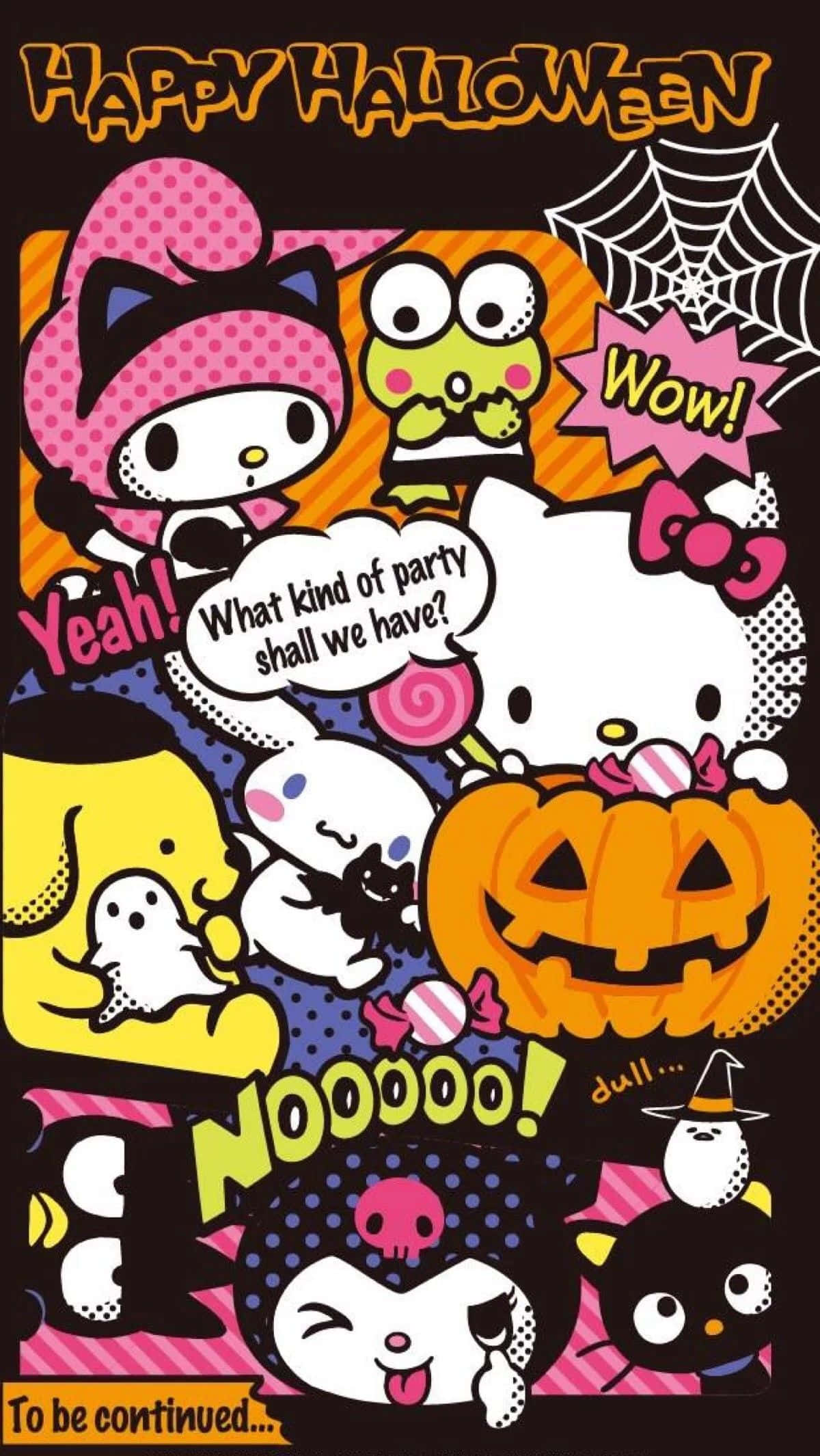 Hello Kitty And Friends 桌布 壁紙 — Hello Kitty 和朋友們穿著色彩繽紛的萬聖節服裝，在黑暗背景下與南瓜、鬼魂和蜘蛛網一起慶祝。