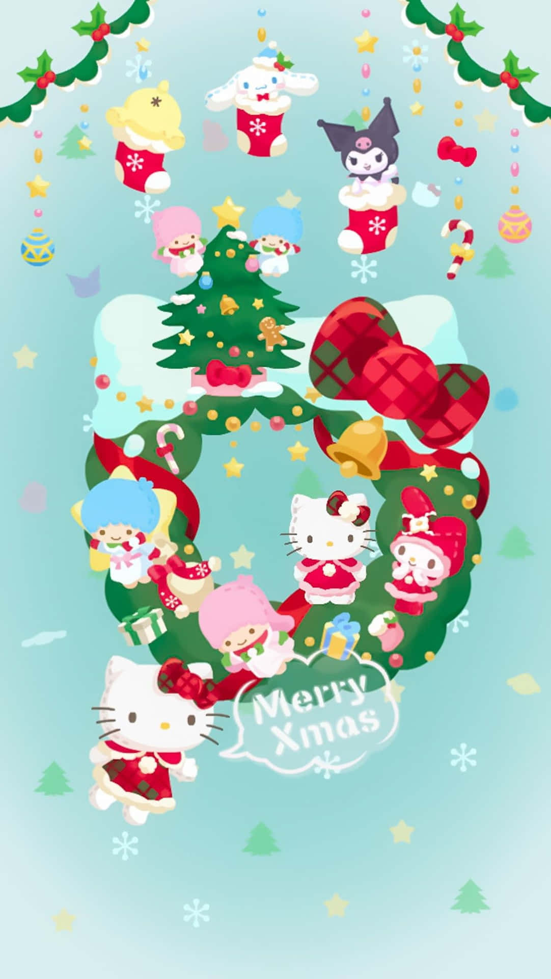 Hello Kitty Christmas 桌布 壁紙 — Hello Kitty 和朋友們在淺藍色背景上，以雪花、拐杖糖和裝飾樹的節日花環慶祝聖誕節。