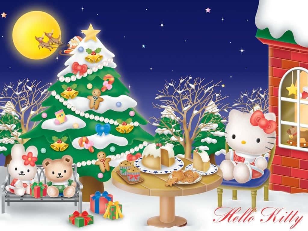 Hello Kitty Christmas 桌布 壁紙 — Hello Kitty 和朋友們聚集在明亮的月亮下，圍繞著一棵白雪覆蓋的聖誕樹，聖誕老人的雪橇飛過。