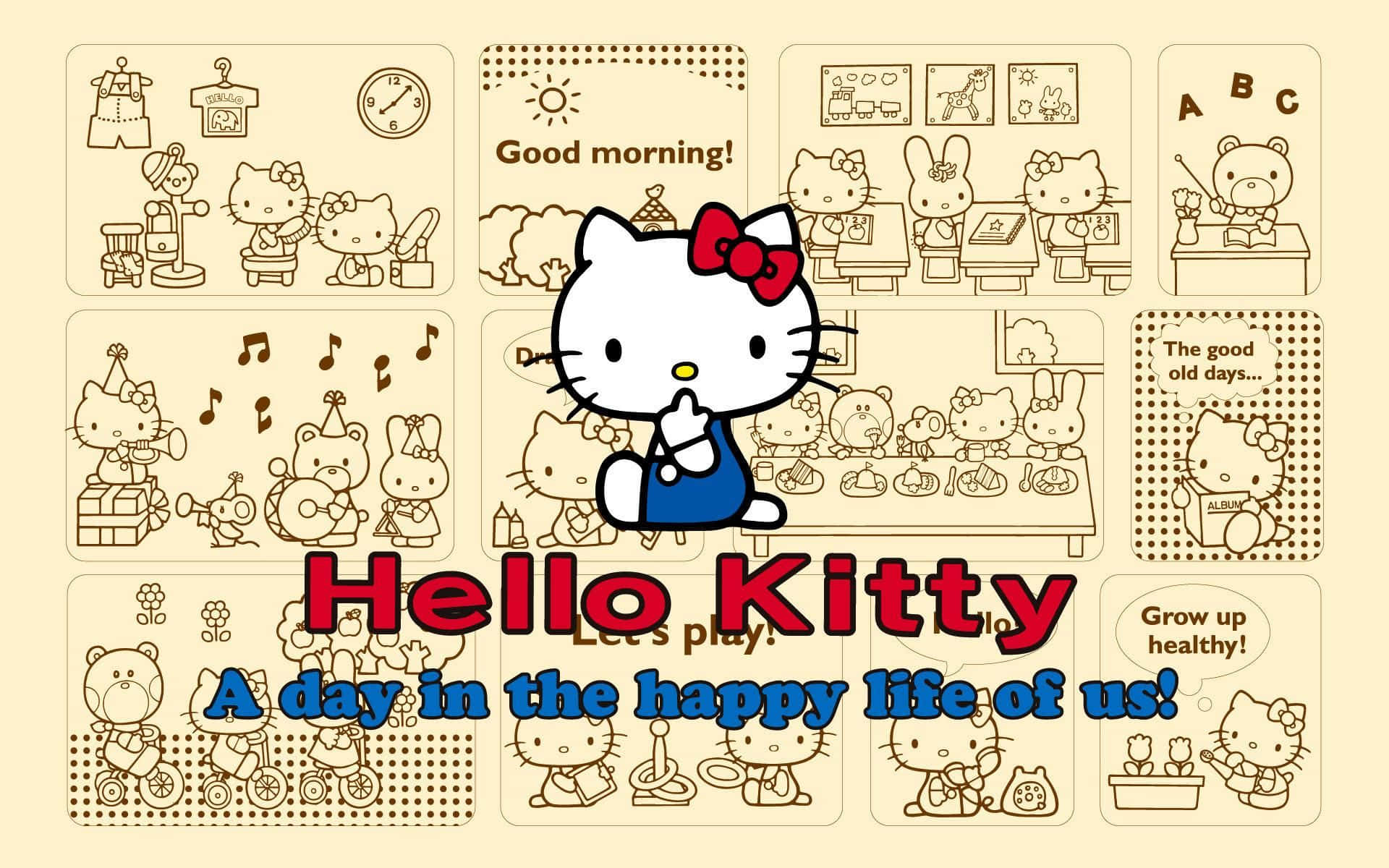 Hello Kitty And Friends 桌布 壁紙 — Hello Kitty 和朋友們在一個歡樂的插圖拼貼中展示日常活動，如學校、音樂和園藝。