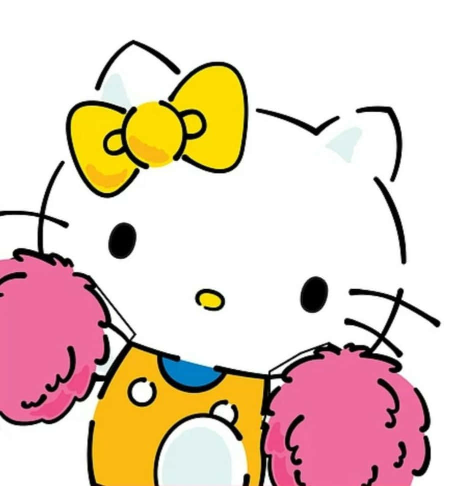 Mimmy White 桌布 壁紙 — Hello Kitty 啦啦隊員，身穿黃色上衣，手持粉紅色絨球，頭上戴著一個大大的黃色蝴蝶結。