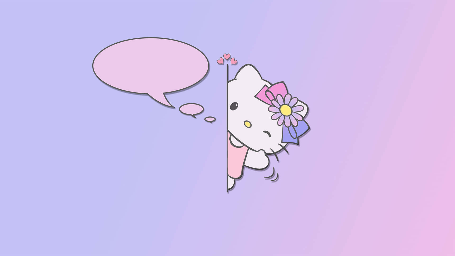 Kitty White 桌布 壁紙 — Hello Kitty 喺一條線後面探頭出嚟，帶住一個粉紅色對話氣泡同心形圖案，背景係柔和紫色漸變。