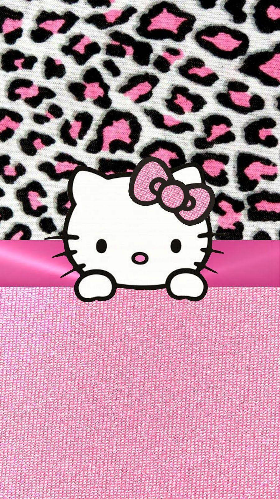 Hello Kitty 喺豹紋背景上喺粉紅色絲帶上面偷望。 — Hello kitty 美學 GIF 壁紙