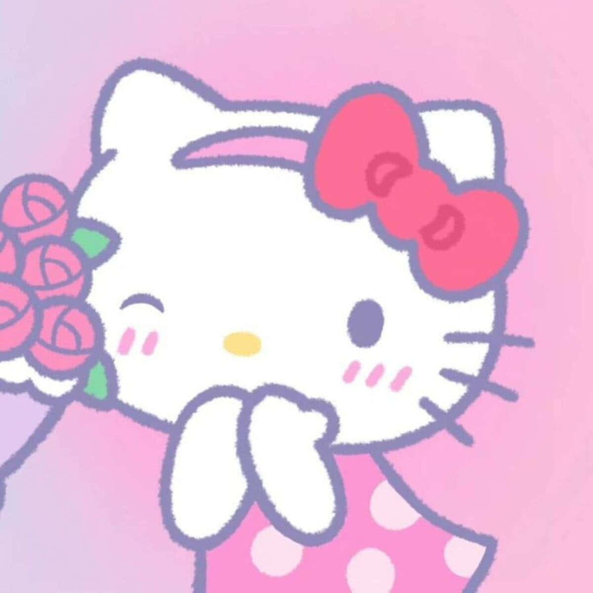 Kawaii Hello Kitty 桌布 壁紙 — Hello Kitty 喺粉紅色漸變背景前甜美微笑，手持粉紅玫瑰。