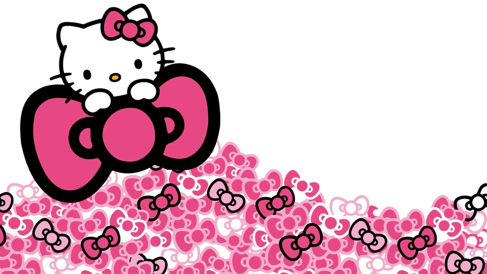 Kitty White 桌布 壁紙 — Hello Kitty 喺粉紅色蝴蝶結嘅山丘上窺視，帶有俏皮又愉快嘅感覺。