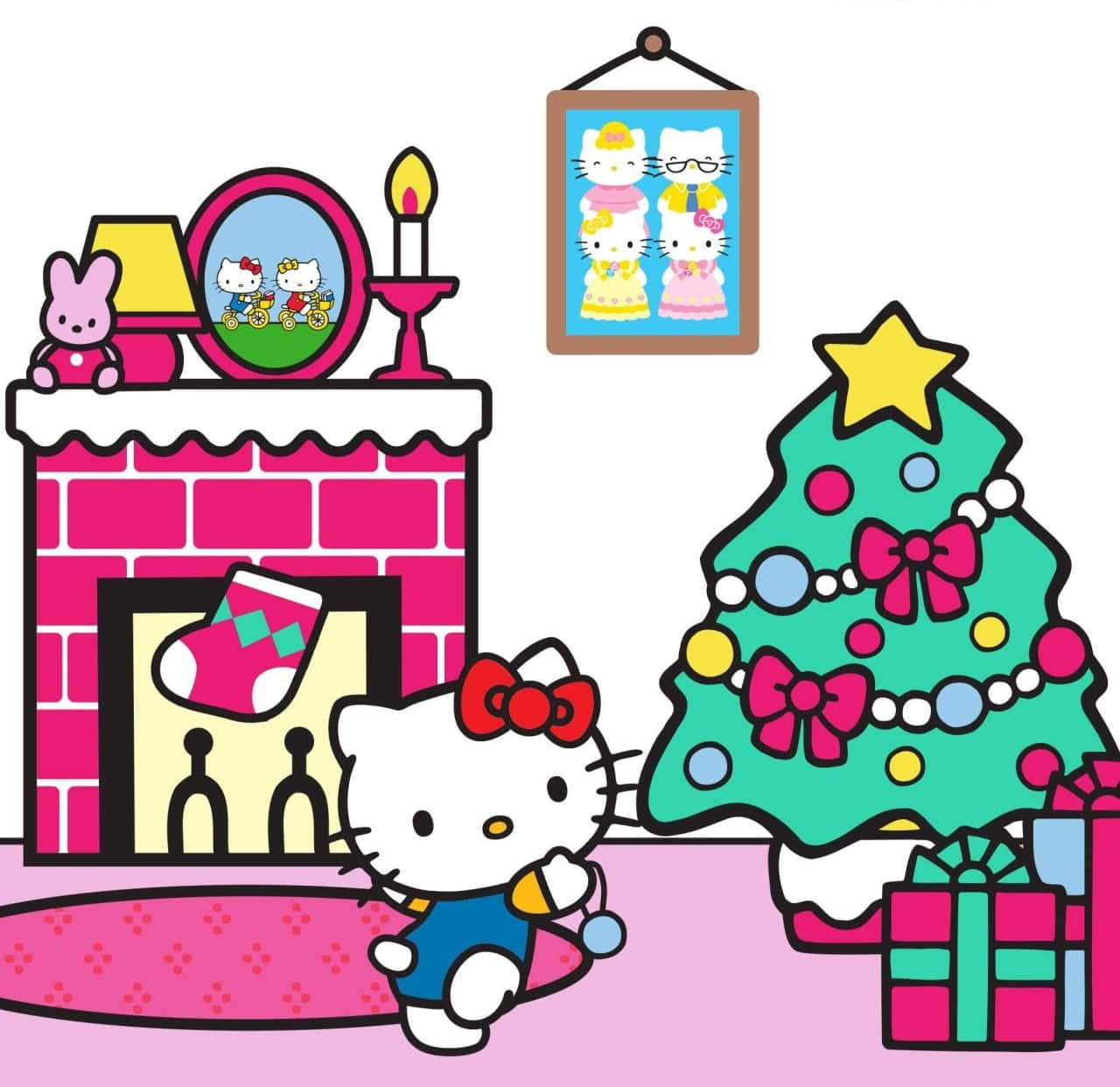 Hello Kitty Christmas 桌布 壁紙 — Hello Kitty 在一個節日氣氛的粉紅色房間裡，有裝飾好的聖誕樹和壁爐。