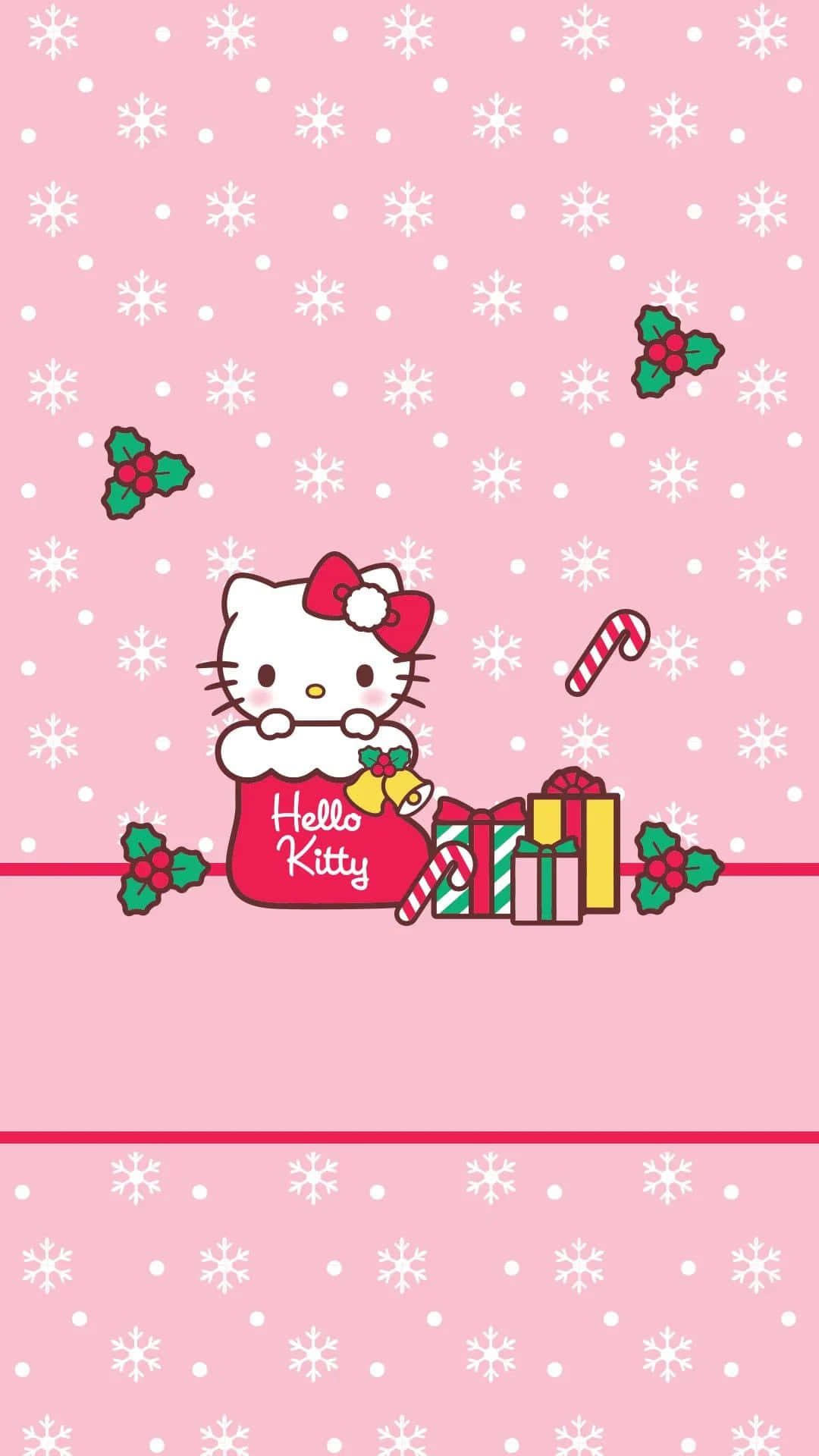 Hello Kitty Christmas 桌布 壁紙 — Hello Kitty 在一個裝滿禮物和拐杖糖的紅色袋子裡，背景是粉紅色雪花。