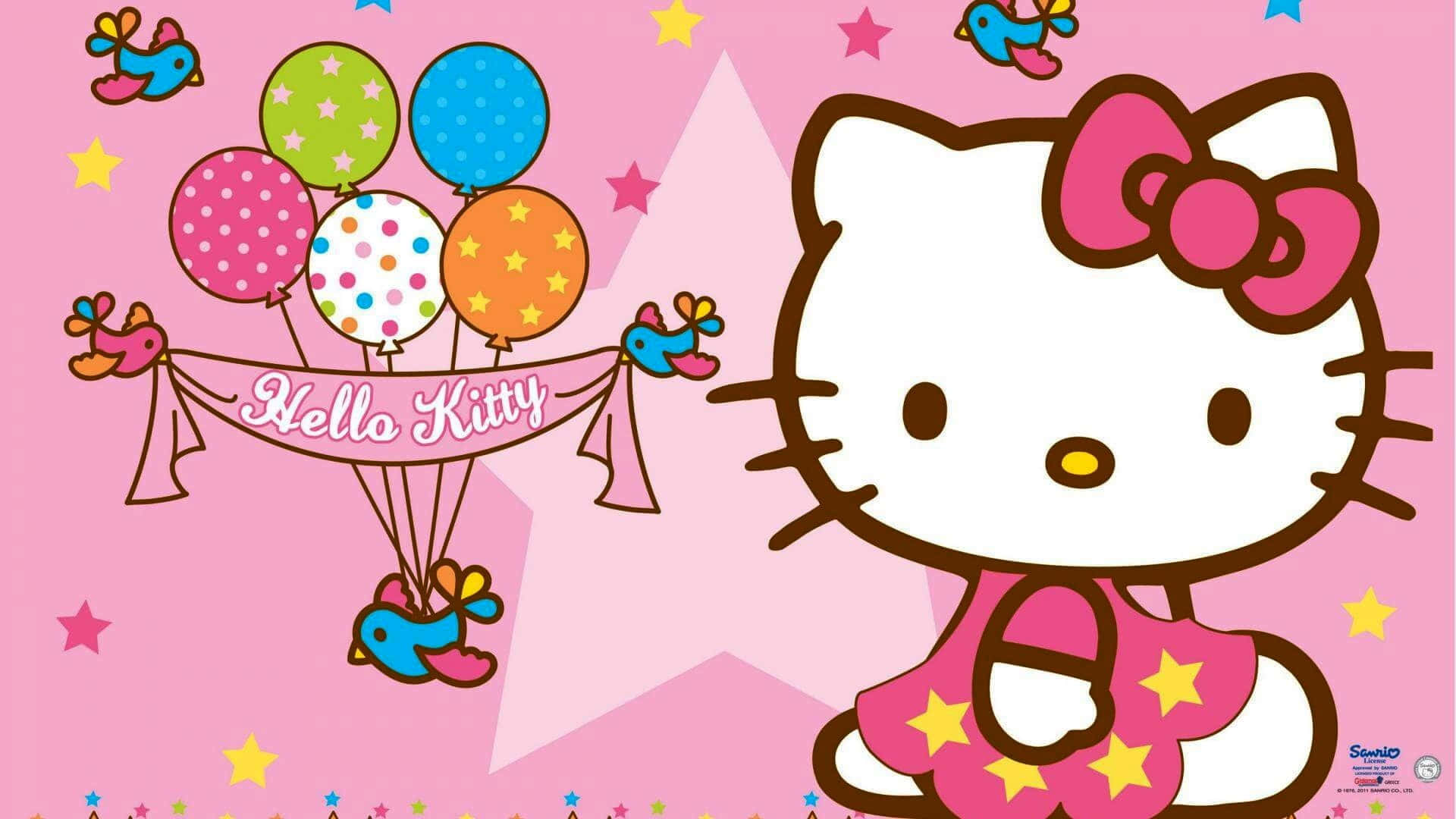 Kitty White 桌布 壁紙 — Hello Kitty 在粉紅色星空背景中，手持一束彩色圓點氣球和歡樂的小鳥。