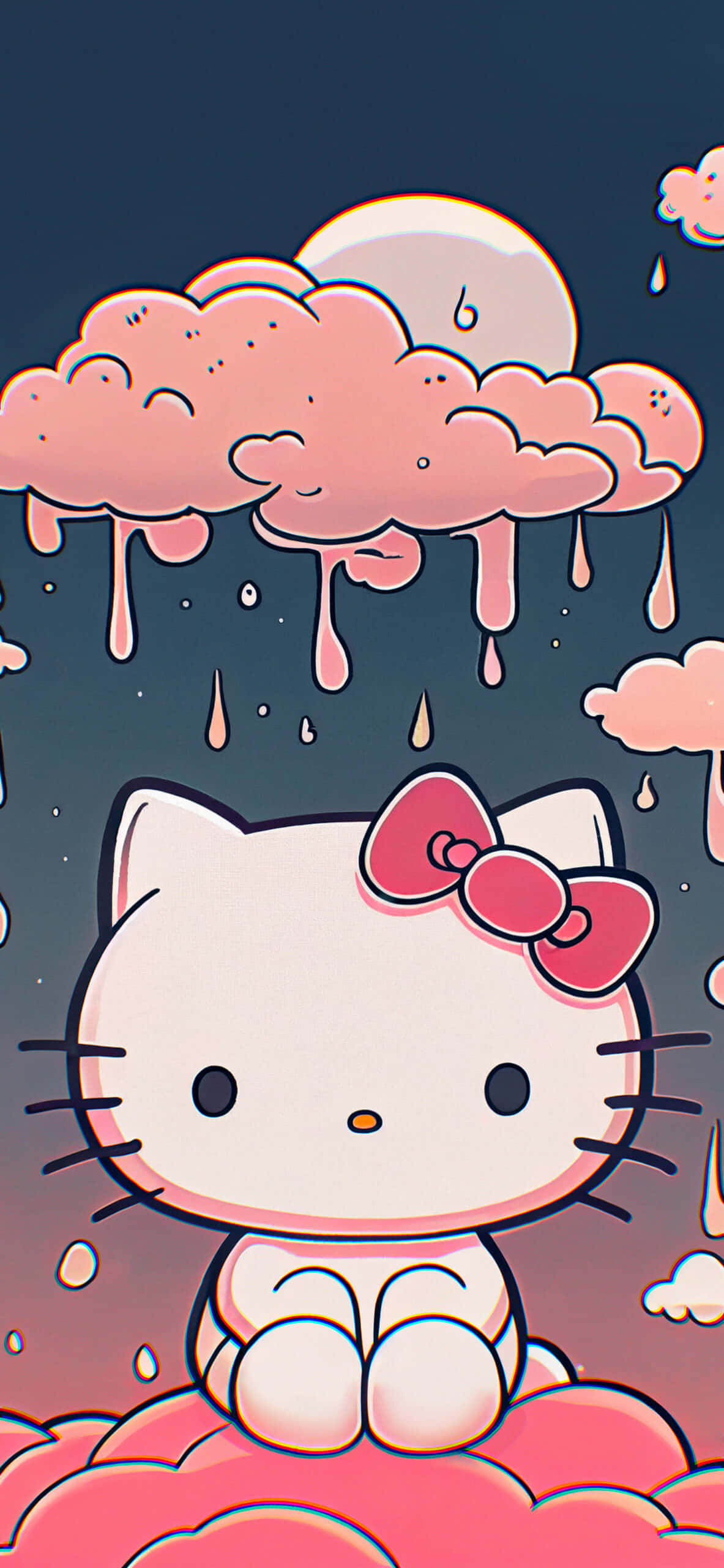 Kitty White 桌布 壁紙 — Hello Kitty 坐在粉紅色的雲朵上，在月亮下，粉紅色的雨水從微笑的雲朵滴落，構成一個異想天開的卡通場景。
