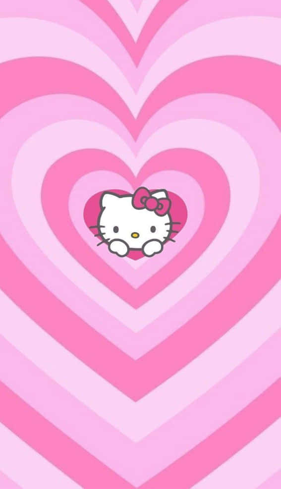 Kawaii Hello Kitty 桌布 壁紙 — Hello Kitty 從同心粉紅心形圖案中探出頭來，背景為柔和漸變色。