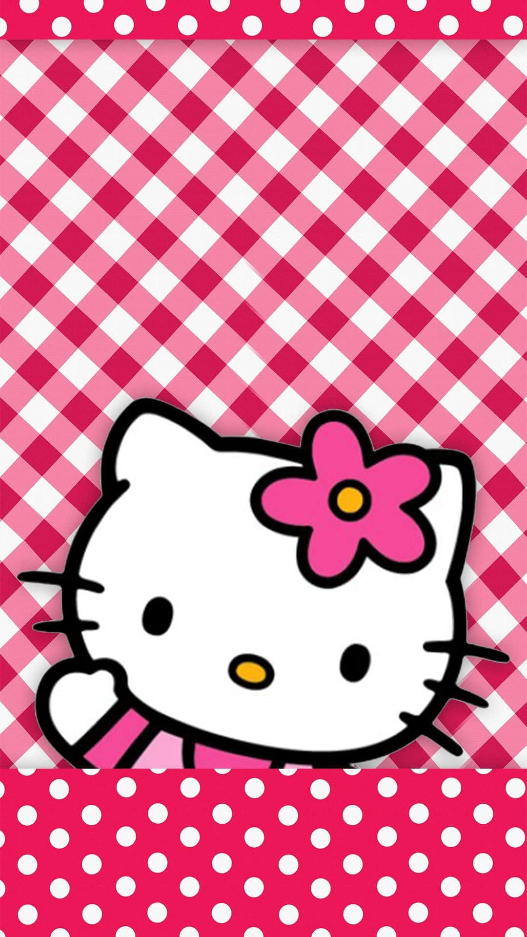 Kawaii Hello Kitty 桌布 壁紙 — Hello Kitty 從粉紅和白色格仔背景及波點邊框後面探出頭來。