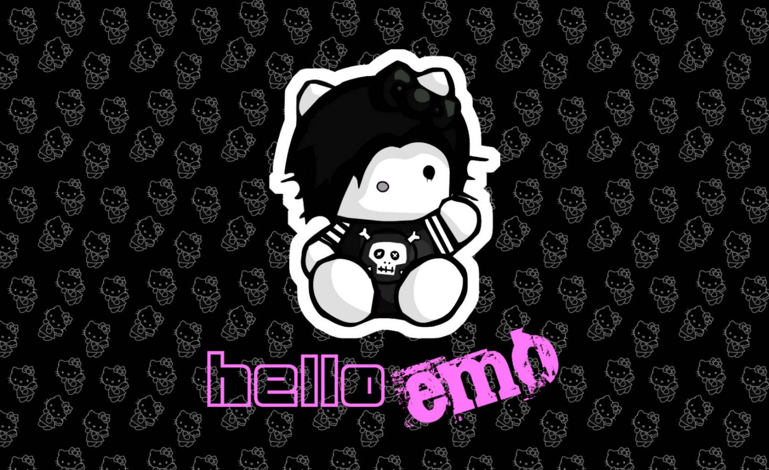 Hello Kitty 情緒搖滾風格 壁紙 — 一個黑白emo風格的Hello Kitty貼紙，在重複圖案背景上抱著一個骷髏公仔，背景有粉紅色'hello emo'文字。