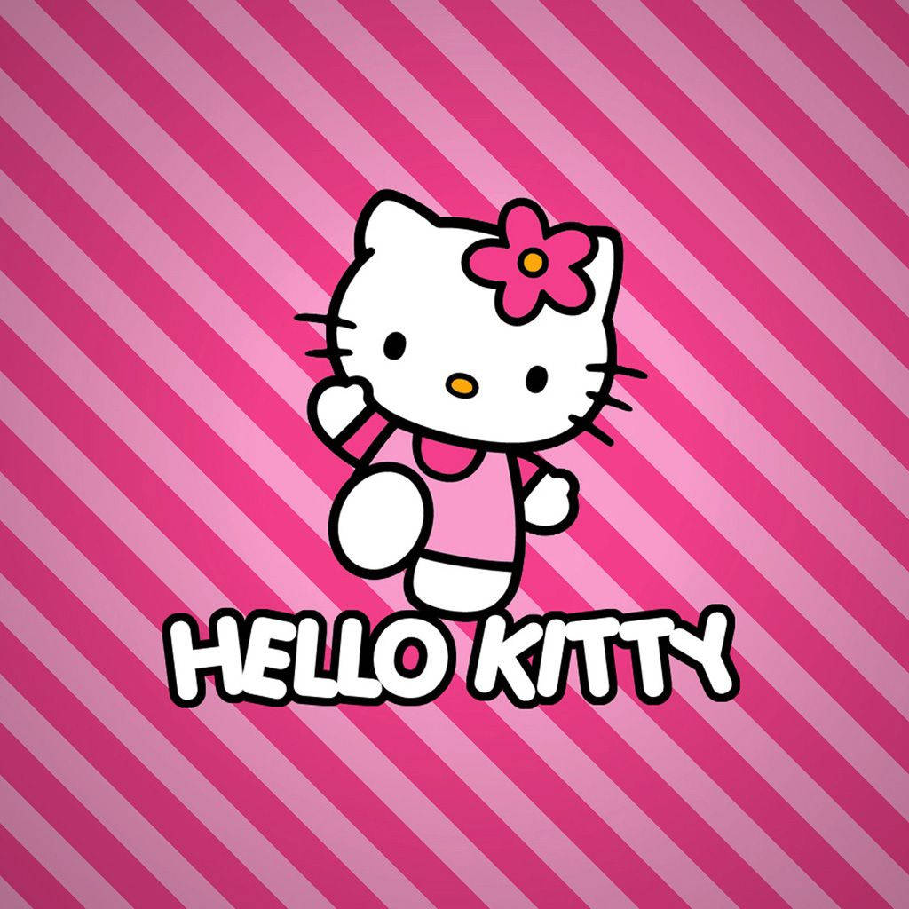 Hello Kitty 卡通角色身穿粉紅色連衣裙，戴著花朵蝴蝶結，背景為粉紅色條紋。
