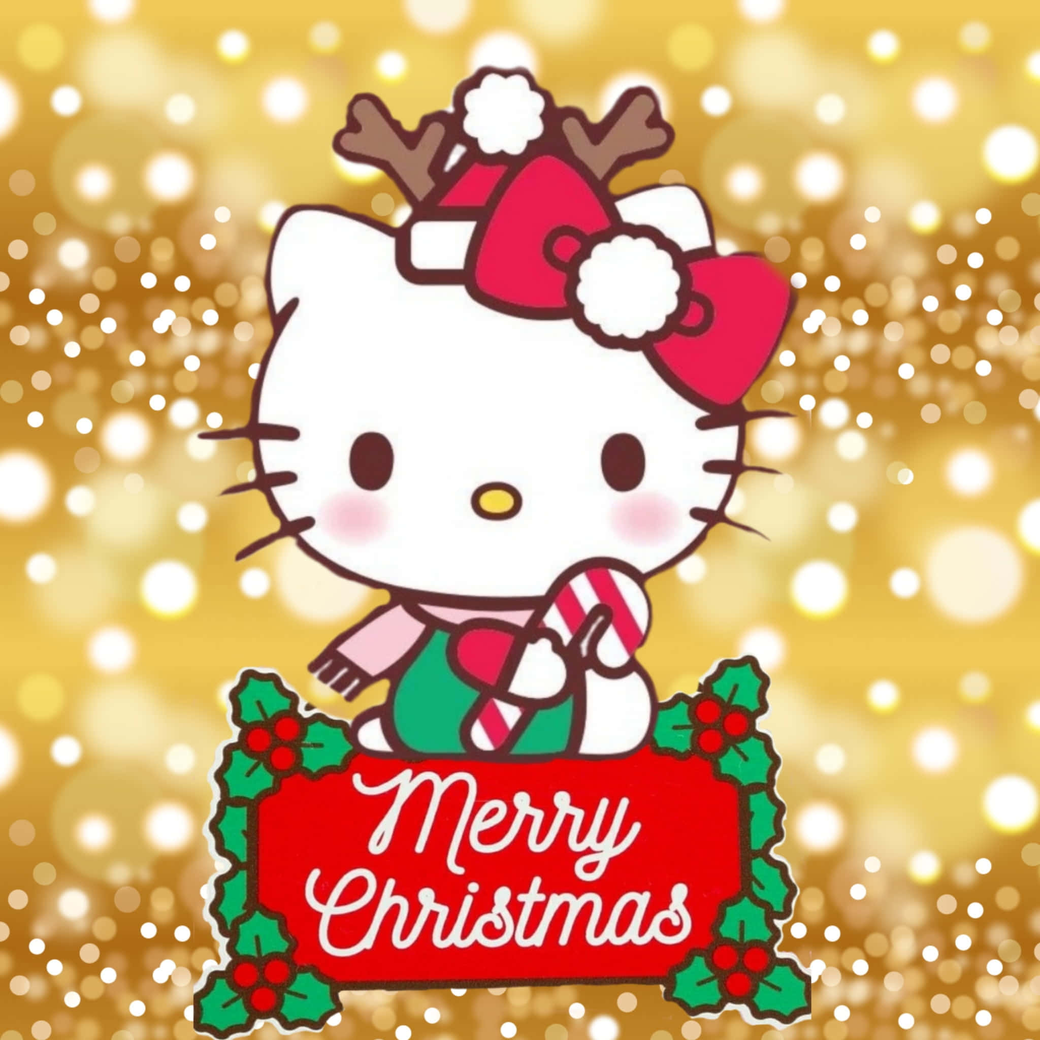 Hello Kitty Christmas 桌布 壁紙 — Hello Kitty 戴著節日馴鹿帽和圍巾，在金色散景背景上舉著拐杖糖，上方有「聖誕快樂」標誌。
