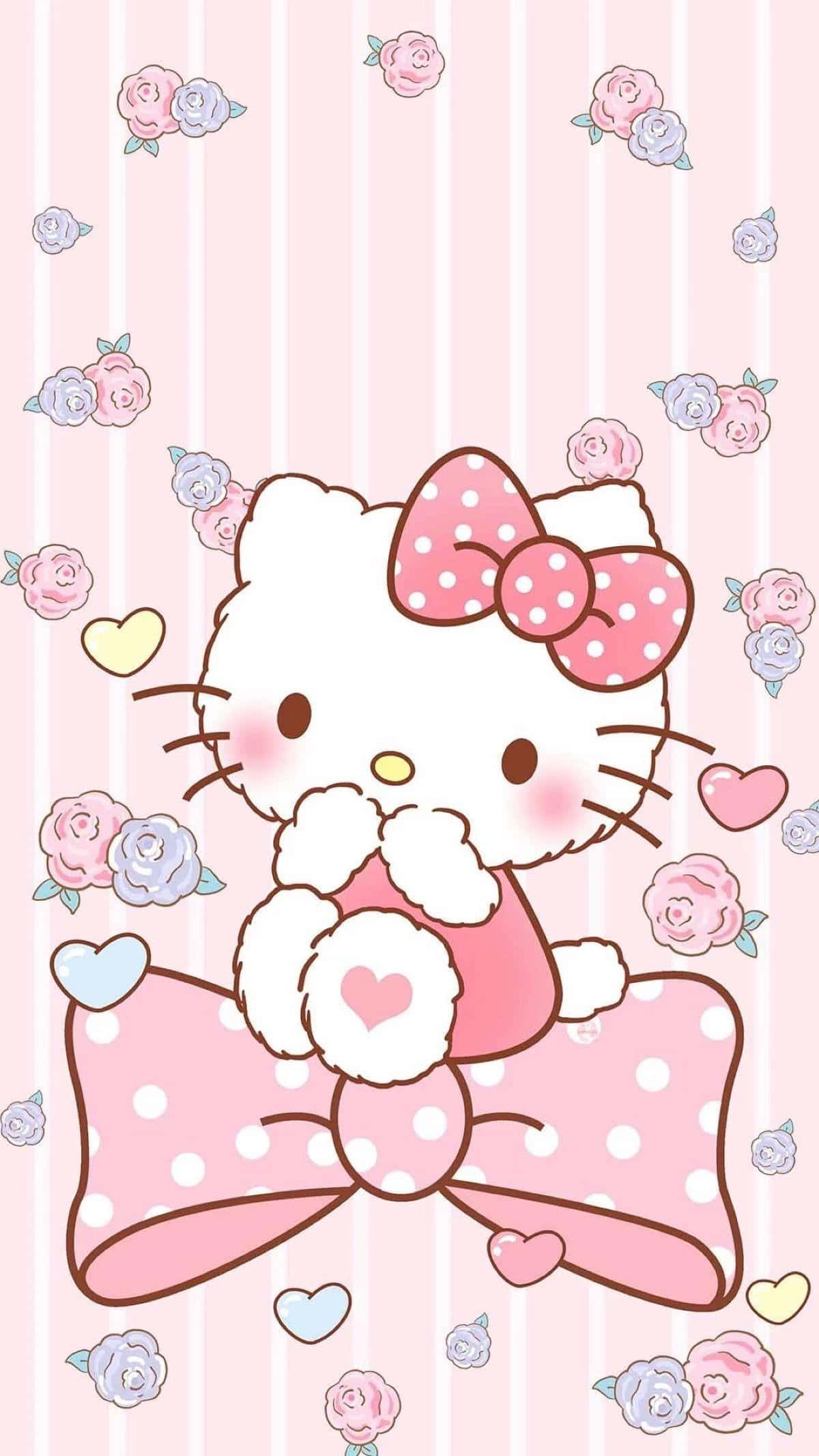 Kitty White 桌布 壁紙 — Hello Kitty 戴著粉紅色圓點蝴蝶結，在條紋背景上被玫瑰和心形包圍，手持一個心形。