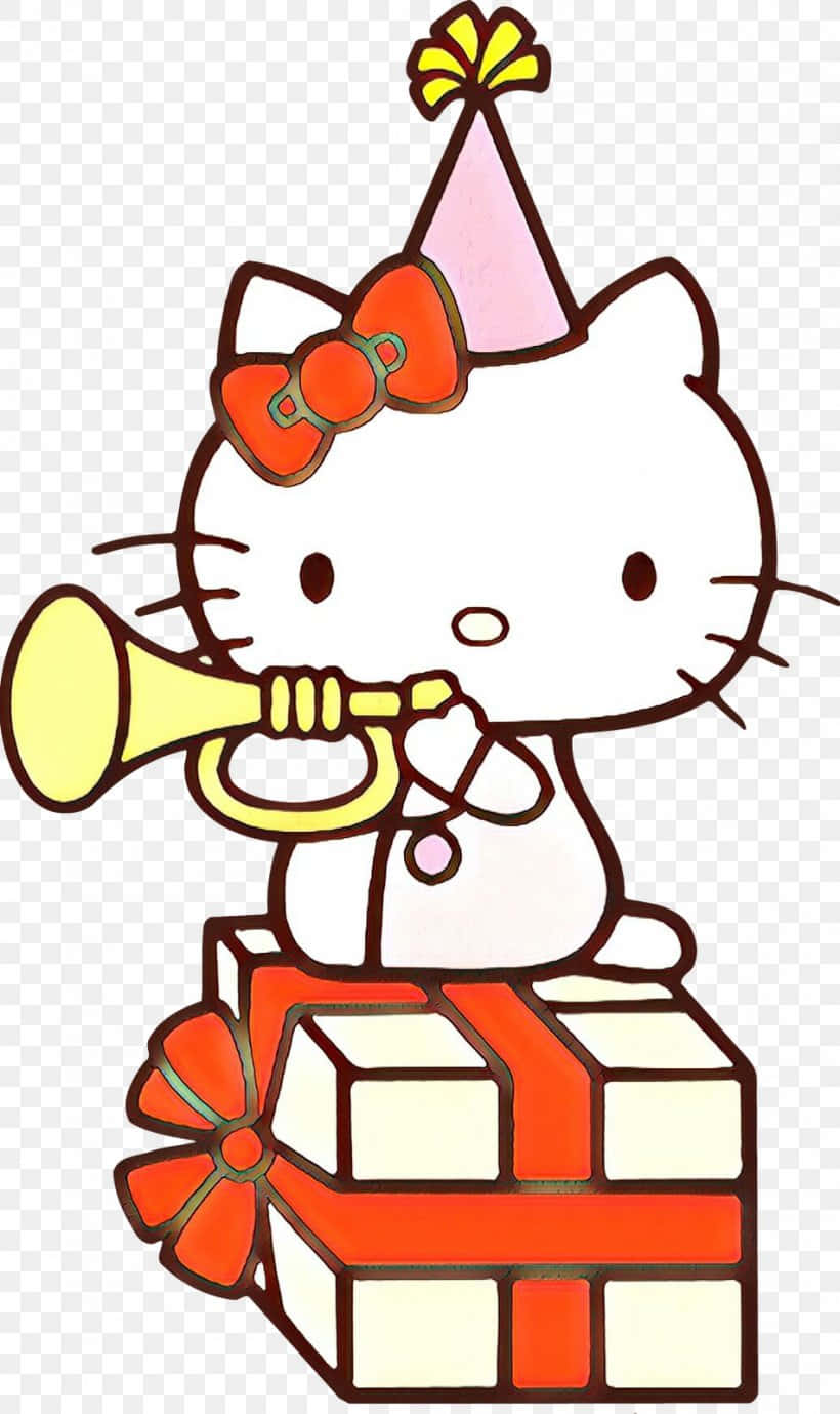 Hello Kitty Party 桌布 壁紙 — Hello Kitty 戴著粉紅色派對帽，坐在一個用紅色絲帶包裹的禮物盒上，吹著黃色小號。