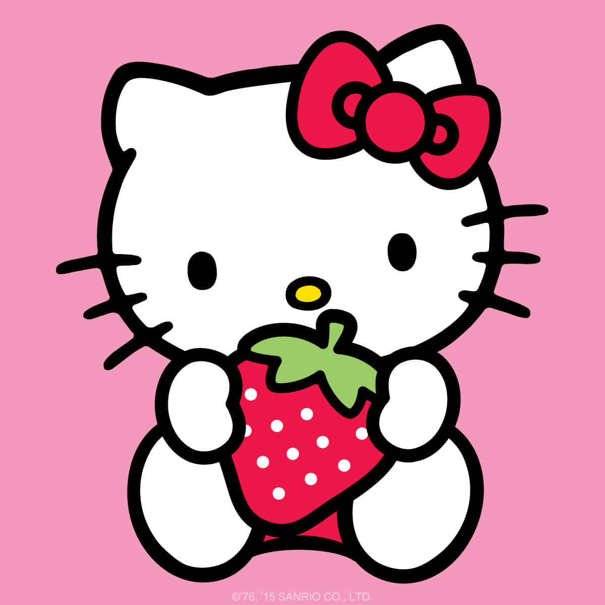 Hello Kitty 在粉紅色背景上拿著草莓，戴著紅色蝴蝶結。