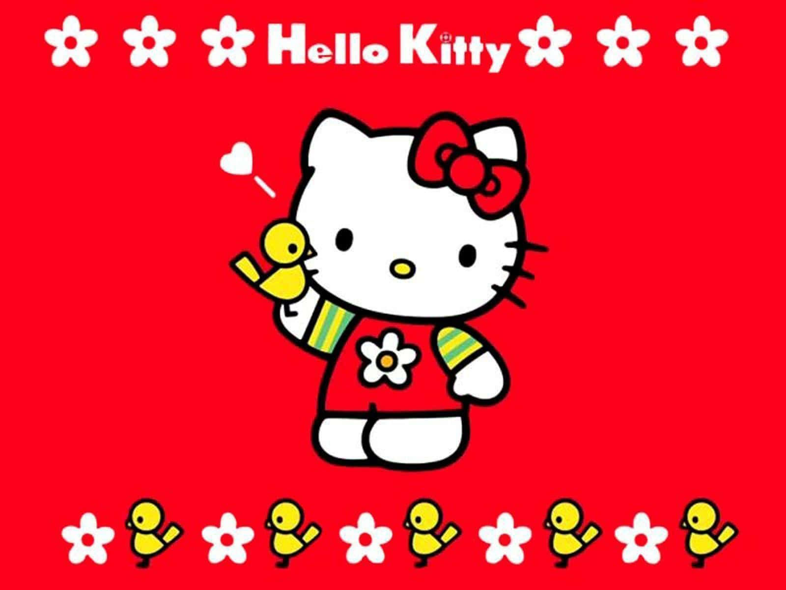 Hello Kitty 手持黃鳥背景 壁紙 — Hello Kitty 穿著紅色連衣裙，在明亮的紅色背景前抱著一隻黃色小雞，背景有白色花朵和小雞。