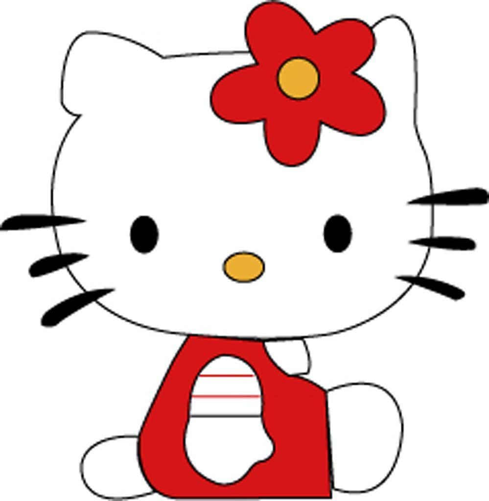 Hello Kitty 的可愛問候 壁紙 — 一隻快樂的卡通貓，頭上戴著一朵紅花，穿著帶白色條紋的紅色連衣裙。