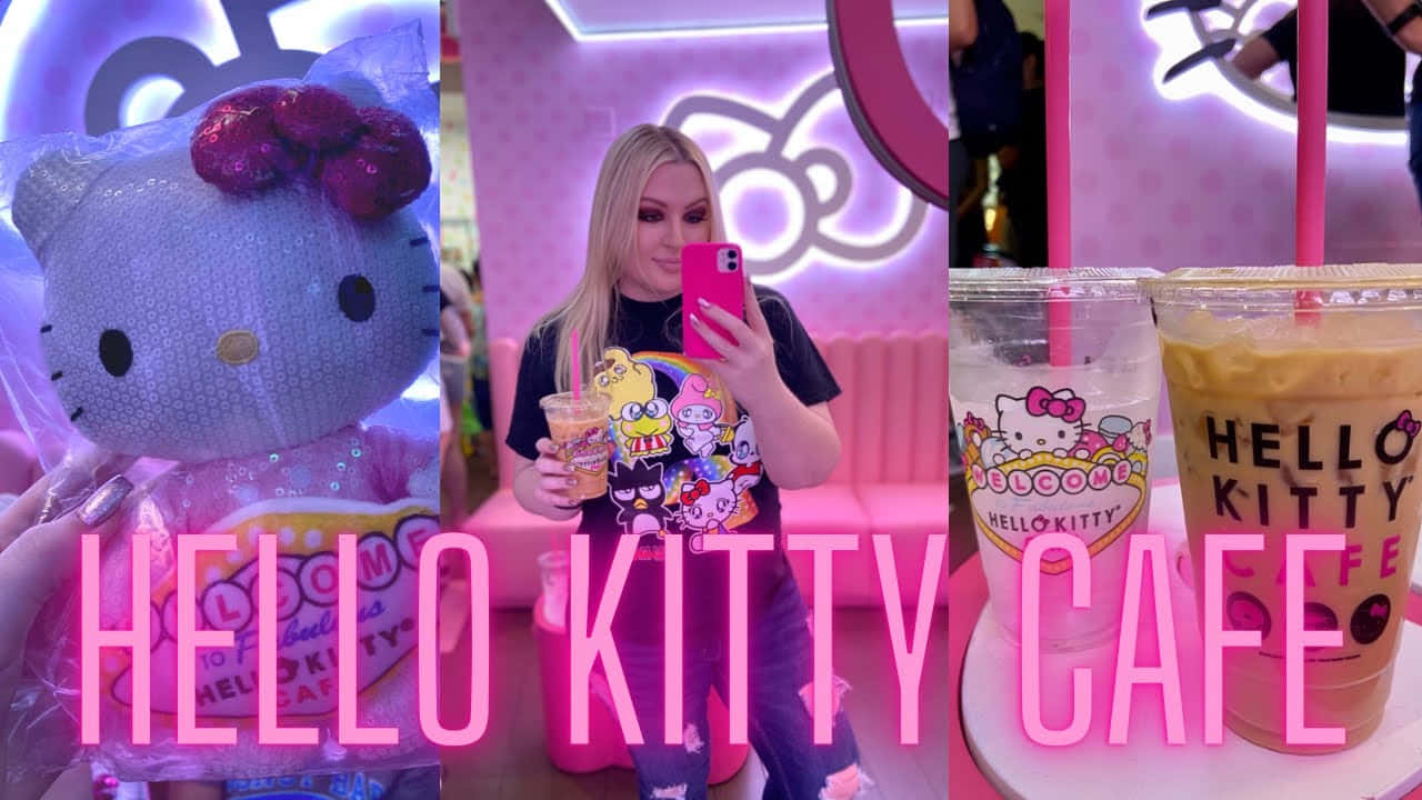 Hello Kitty 的微笑 壁紙 — 充滿活力的粉紅色Hello Kitty咖啡廳，設有巨型毛絨吉祥物、與主題飲品自拍，以及霓虹燈下的品牌杯子。
