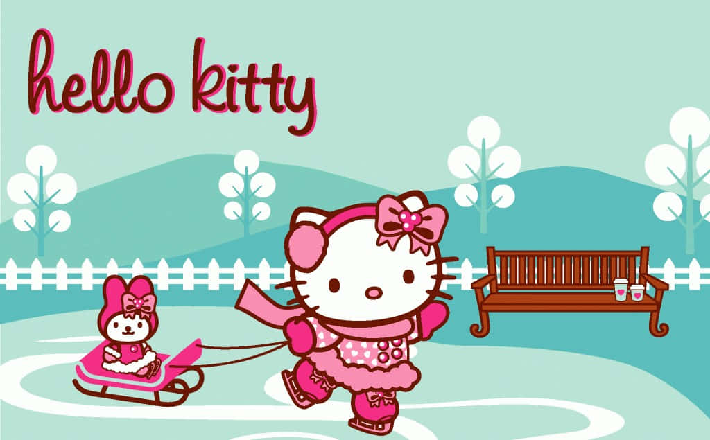 Hello Kitty Christmas 桌布 壁紙 — Hello Kitty 穿著粉紅色冬季裝備在溜冰，同時拉著坐在雪橇上的 My Melody 穿過白雪覆蓋的公園。
