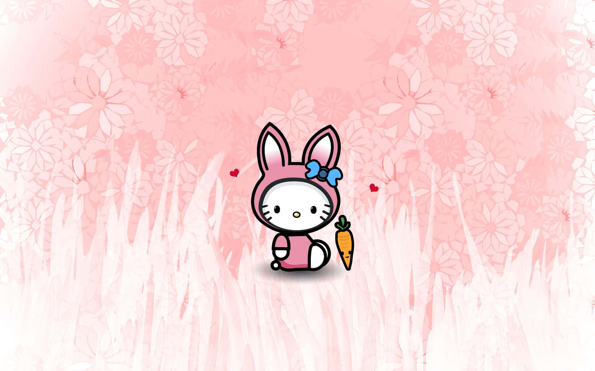 Kitty White 桌布 壁紙 — Hello Kitty 穿著粉紅色兔仔服裝，在柔軟的粉紅色花草中拿著胡蘿蔔，周圍有漂浮的心形。
