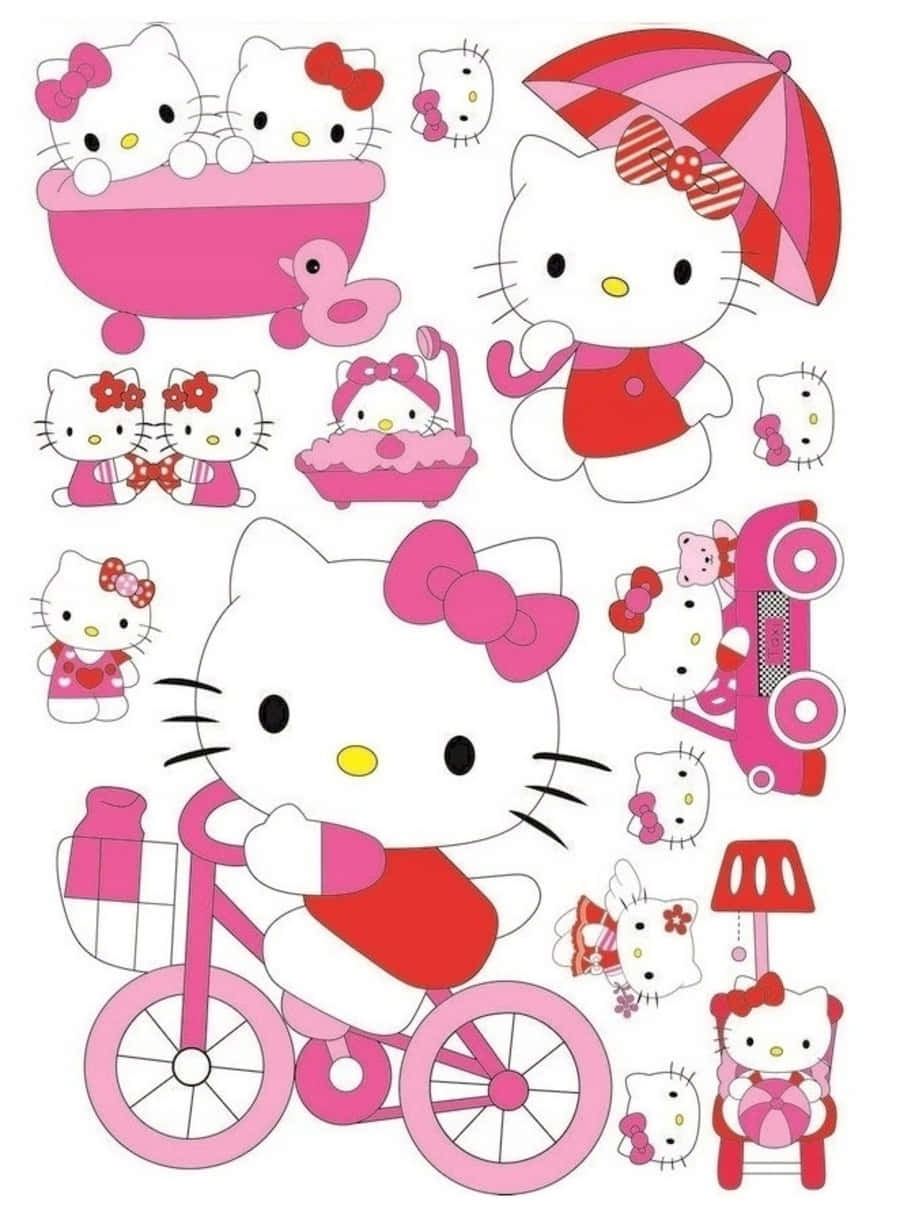 Mimmy White 桌布 壁紙 — Hello Kitty 穿著粉紅色服裝和配飾，包括單車、浴缸、雨傘和汽車，在有趣的貼紙紙上。