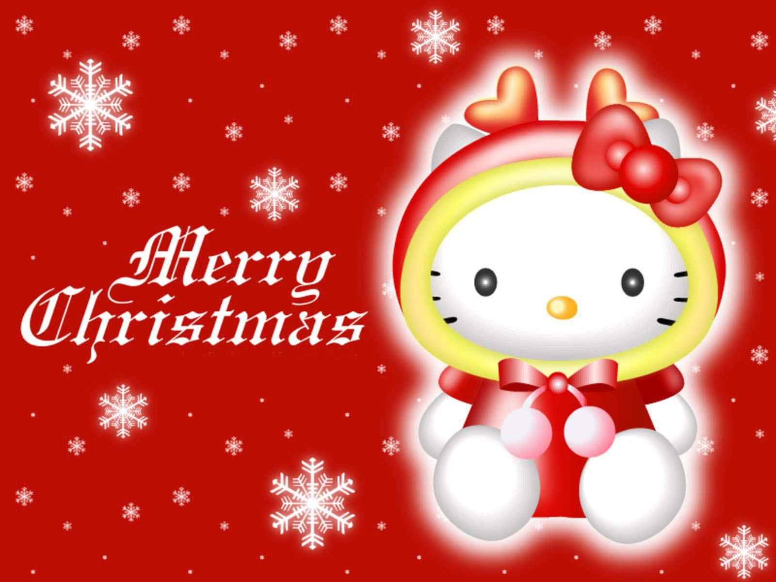 Hello Kitty Christmas 桌布 壁紙 — Hello Kitty 穿著紅色節日服裝，在鮮豔的紅色背景上有雪花。