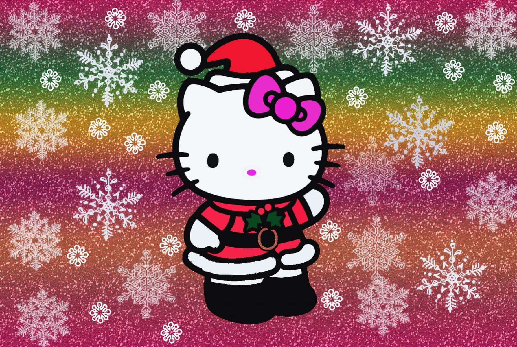 Hello Kitty Christmas 桌布 壁紙 — Hello Kitty 穿著紅色聖誕老人服裝，站在充滿白色雪花的閃爍彩虹背景前。