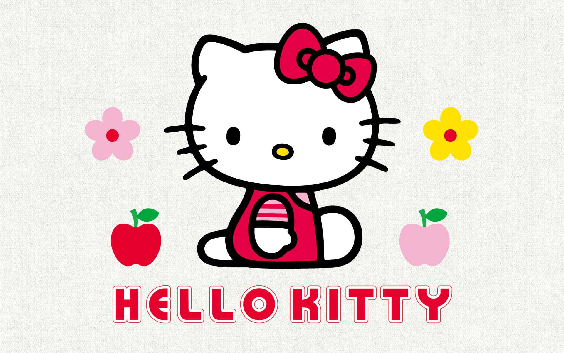Hello Kitty And Friends 桌布 壁紙 — Hello Kitty 穿著紅色連衣裙微笑坐著，周圍有粉紅色和黃色的花朵和蘋果，背景是帶紋理的白色。