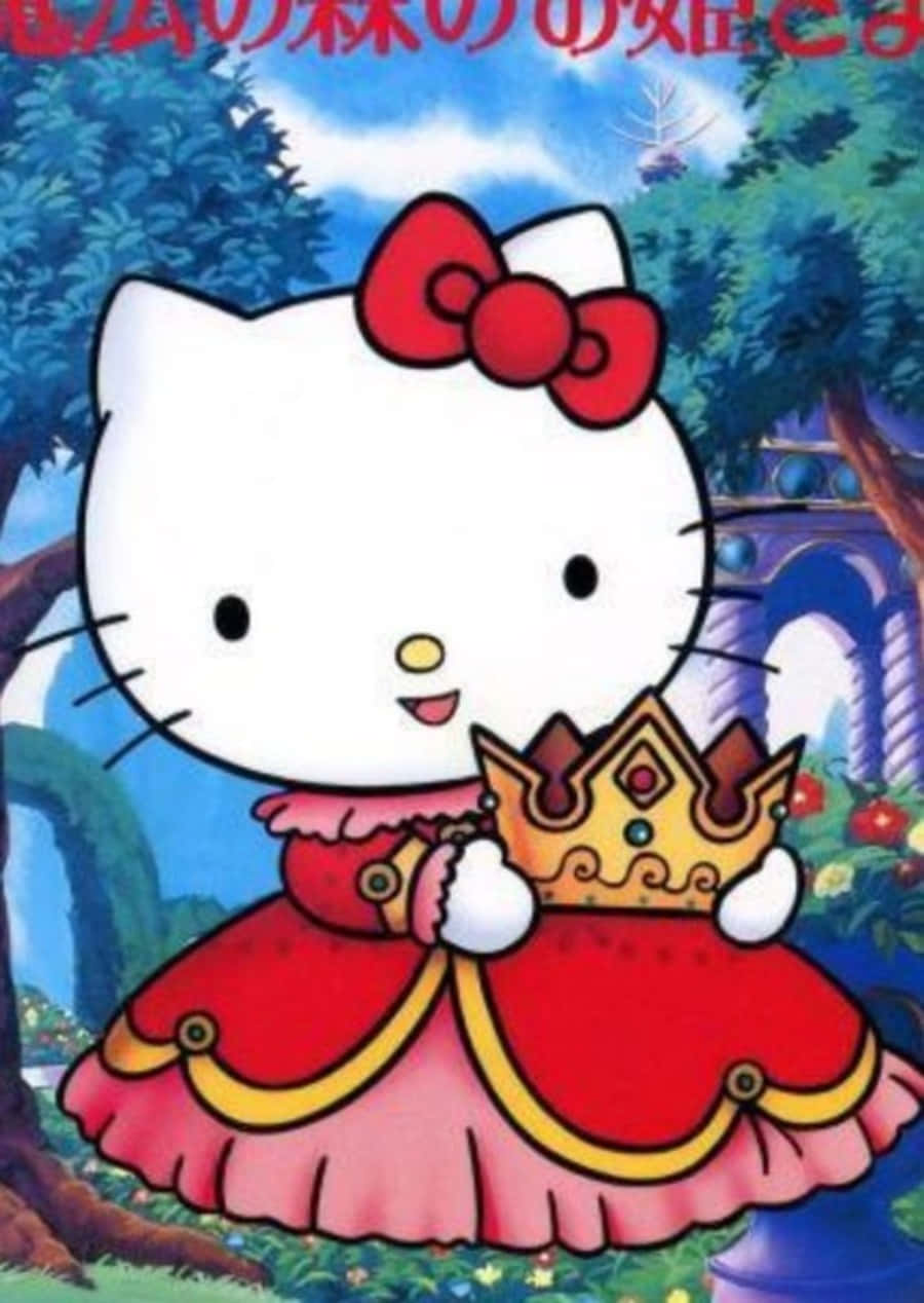 Mimmy White 桌布 壁紙 — Hello Kitty 穿著紅色和粉紅色的公主裙，在藍天樹木的魔法森林中手持金色皇冠。