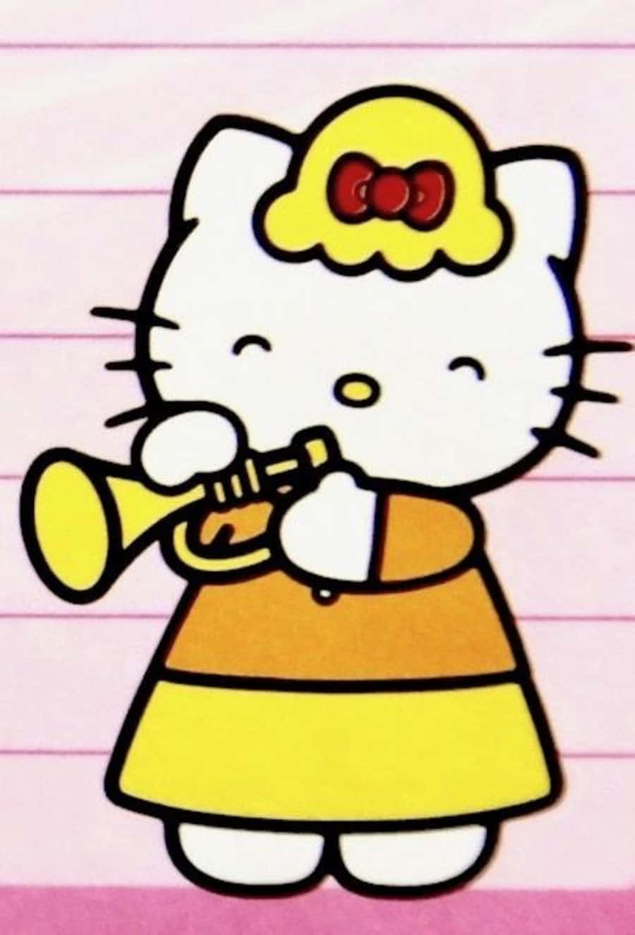 Hello Kitty 在粉紅色橫線紙背景上吹奏小號 — 美學白色動態圖 壁紙