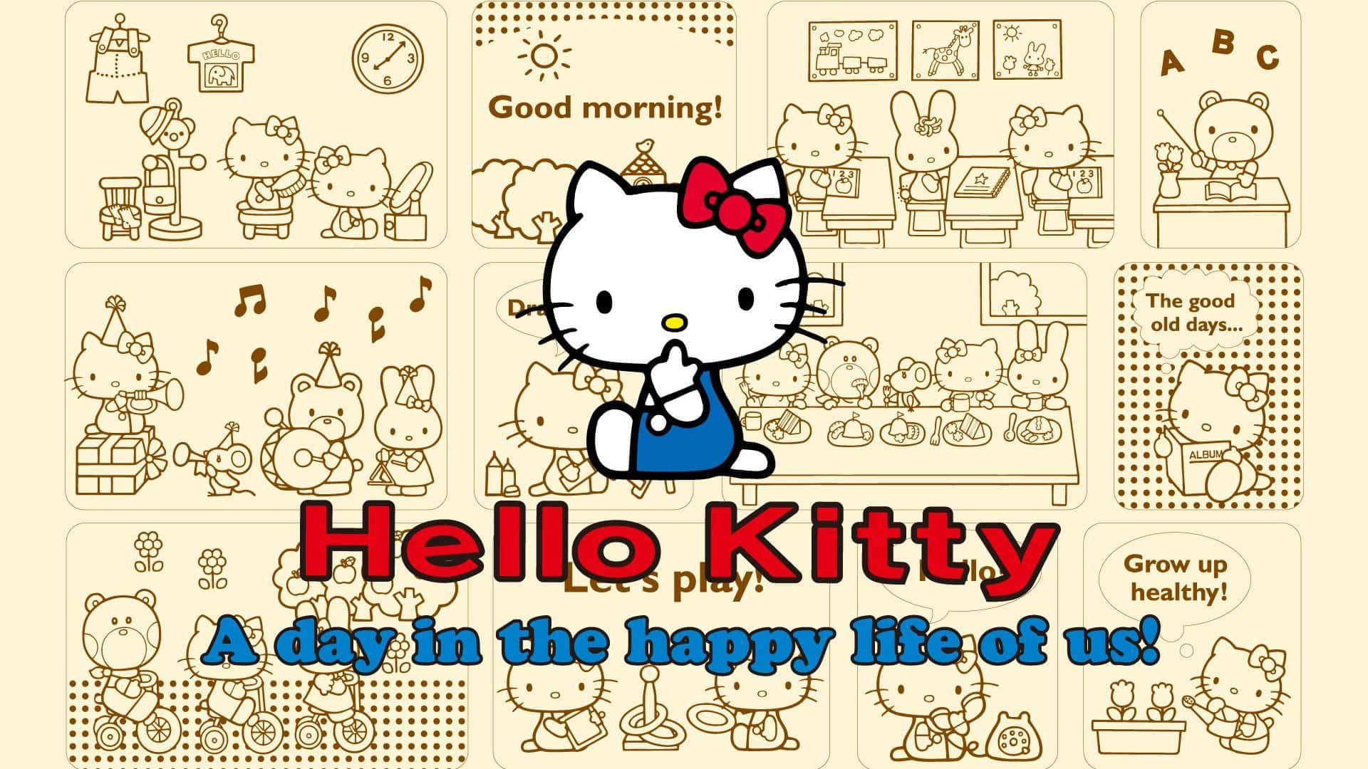 Hello Kitty 米色美學背景 壁紙 — Hello Kitty 和朋友們在一個歡樂的插圖拼貼中展示日常活動，如學校、音樂和園藝。