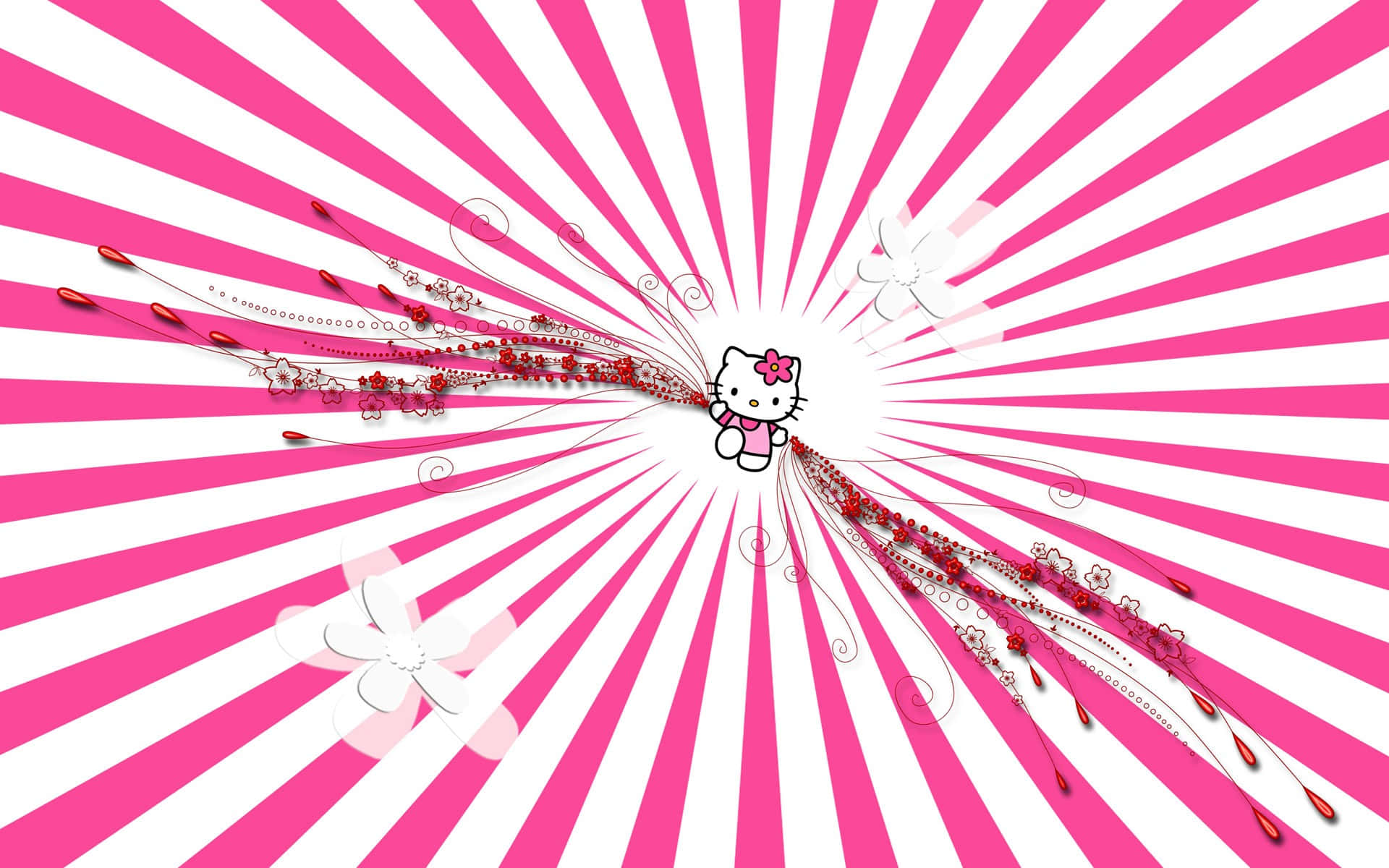 Hello Kitty 被粉紅色和白色光線包圍，帶有花卉漩渦和裝飾元素。