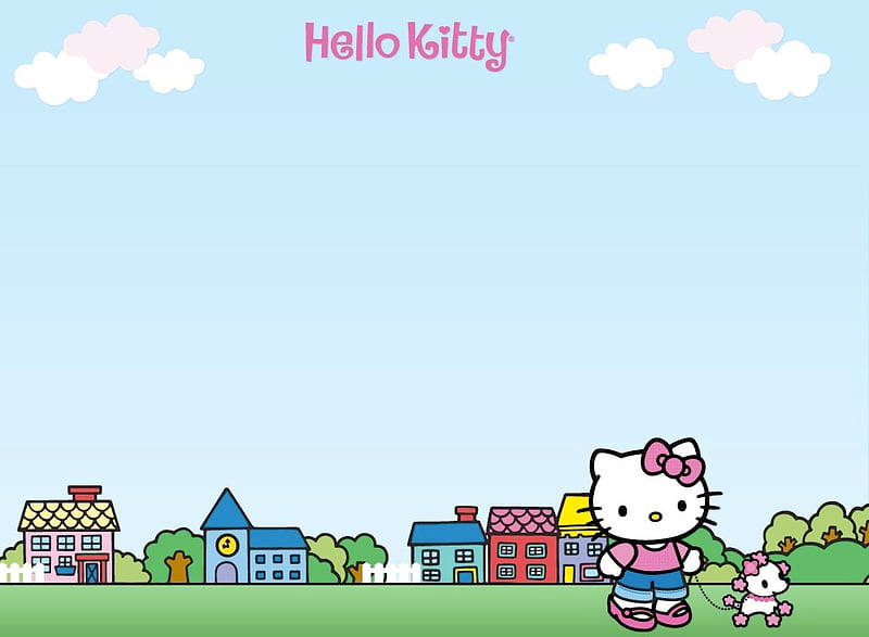 Hello Kitty 和她的小貓在一個歡快的卡通村莊裡漫步。 — Hello kitty 美學 GIF 壁紙