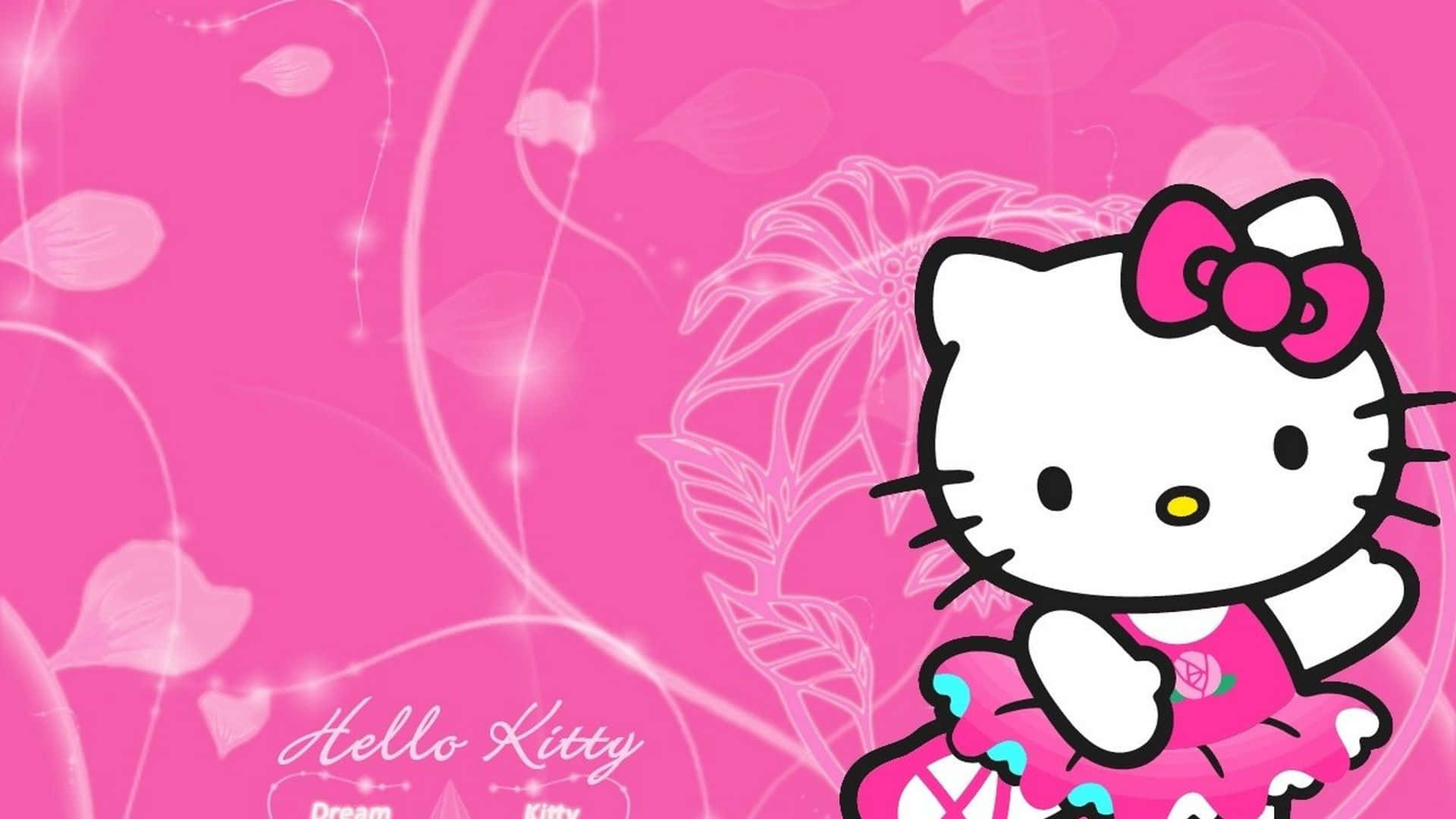 Hello Kitty 背景配藤蔓 壁紙 — Hello Kitty 身穿粉紅色連衣裙，戴著蝴蝶結，站在閃閃發光的花卉背景前。