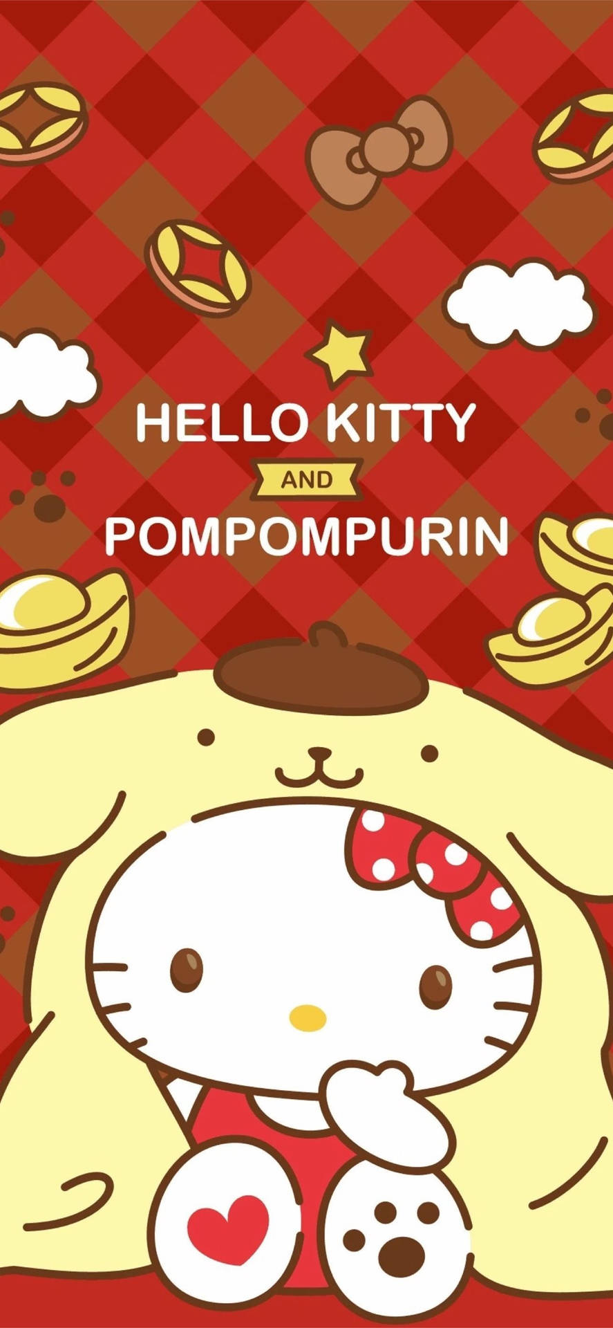 Hello Kitty 和 Pompompurin 在紅色格子背景上與金幣和雲朵擁抱。