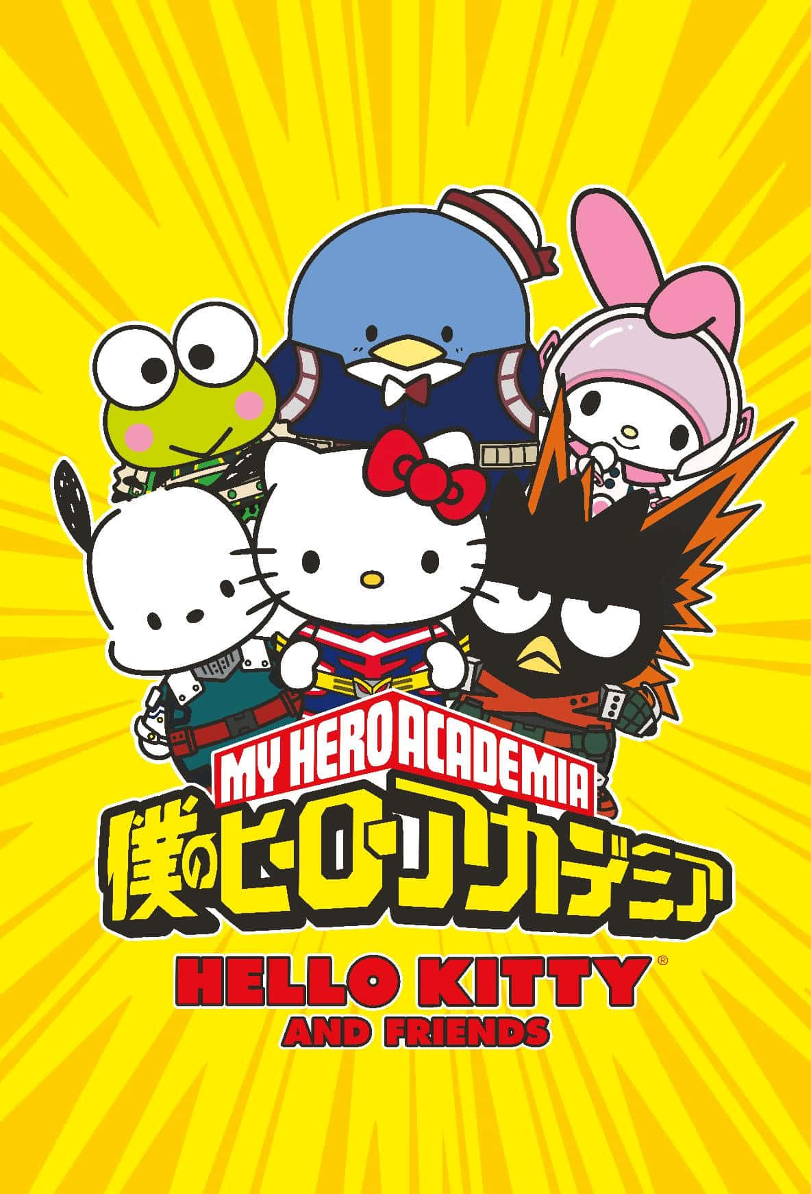 Hello Kitty And Friends 桌布 壁紙 — Hello Kitty 與朋友們穿著《我的英雄學院》服裝，在明亮的黃色太陽光背景下擺姿勢。